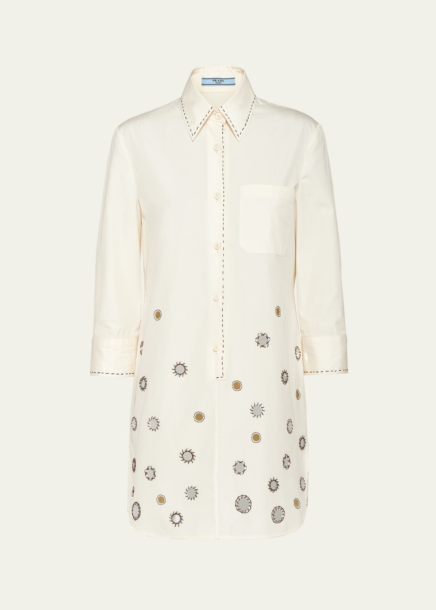 Prada Mirrored Three-Quarter Sleeve Poplin Mini Dress Image 1 of 5