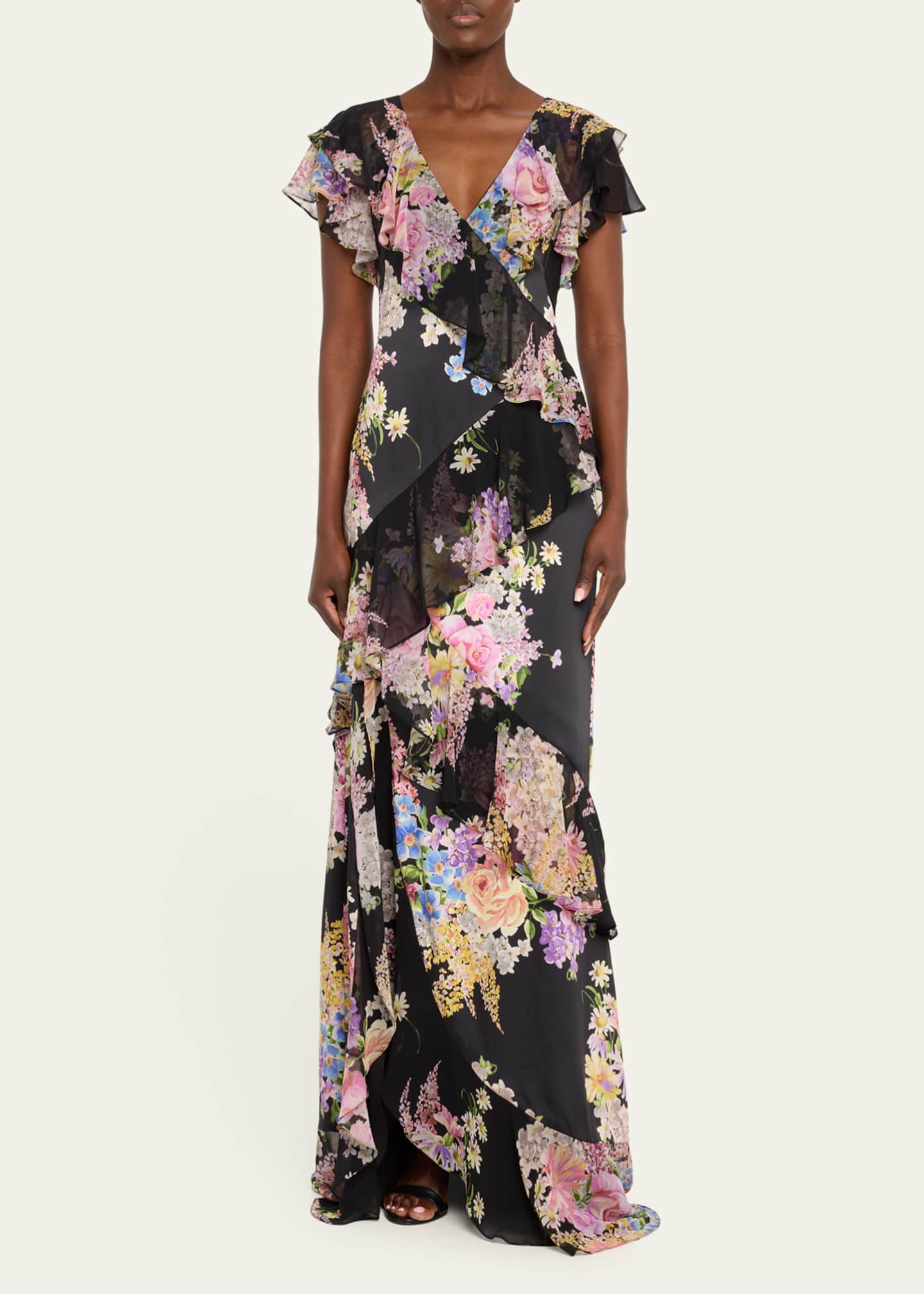 Rickie Freeman for Teri Jon Floral-Print Ruffle Chiffon Gown Image 2 of 5
