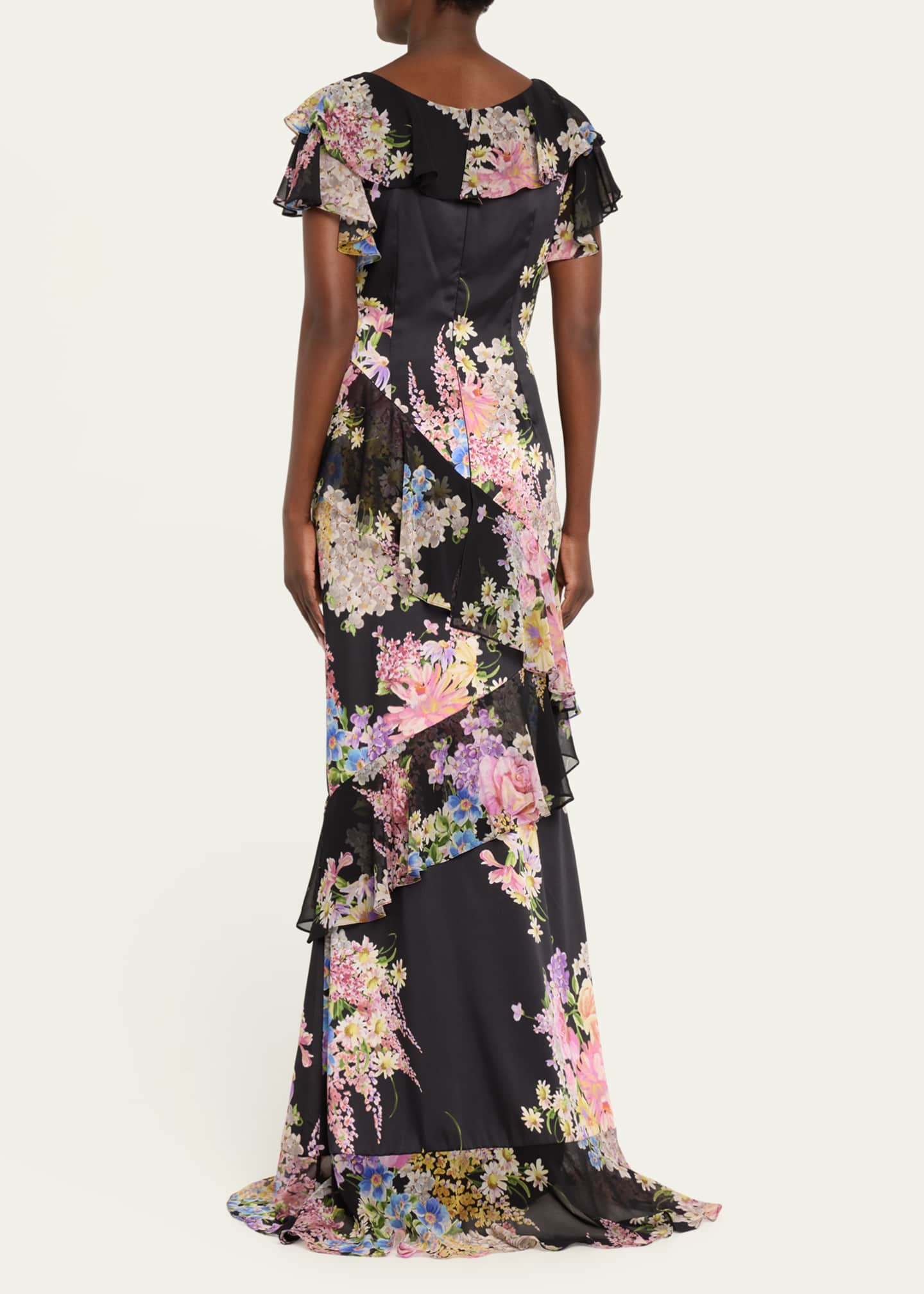 Rickie Freeman for Teri Jon Floral-Print Ruffle Chiffon Gown Image 3 of 5