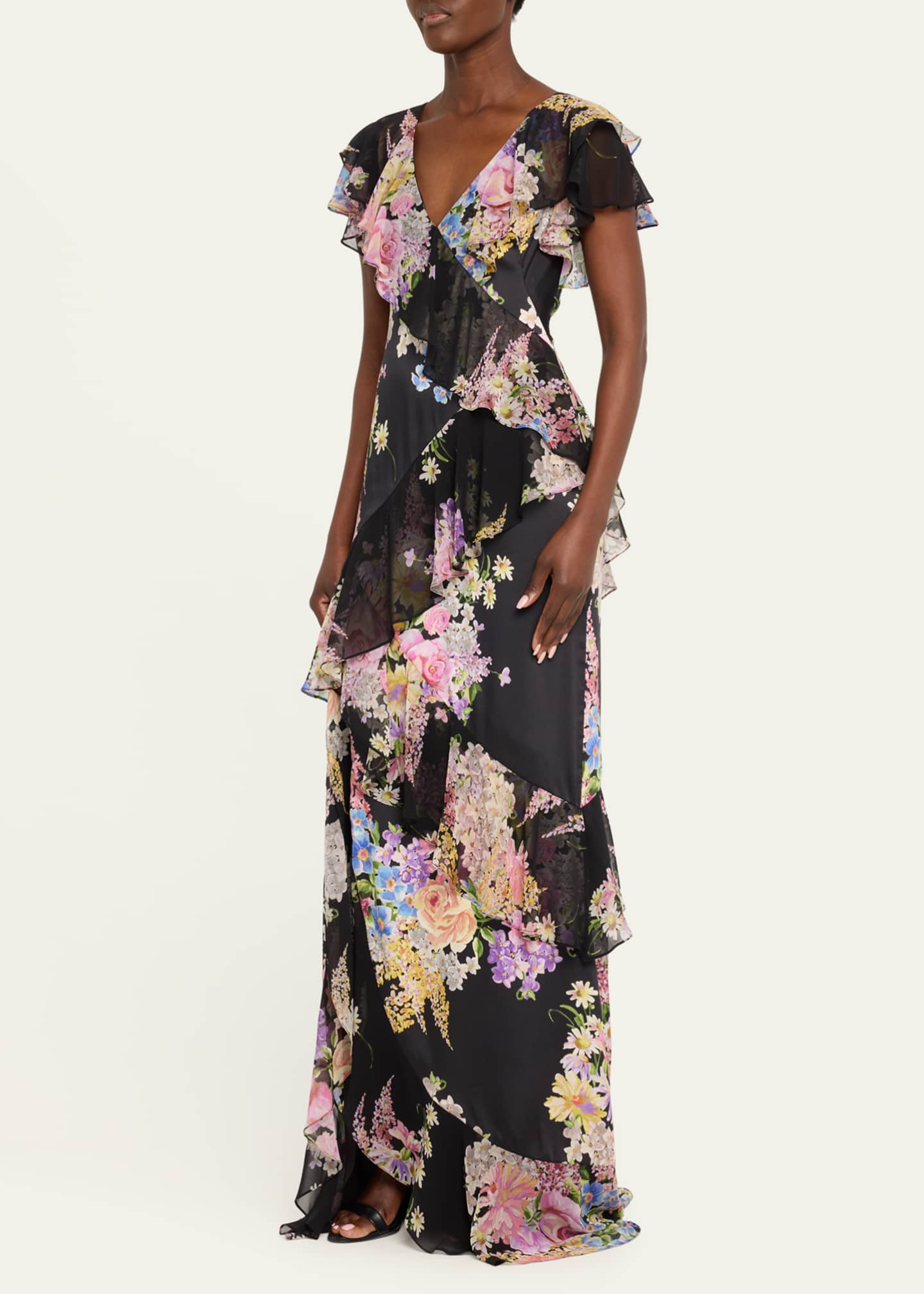 Rickie Freeman for Teri Jon Floral-Print Ruffle Chiffon Gown Image 4 of 5