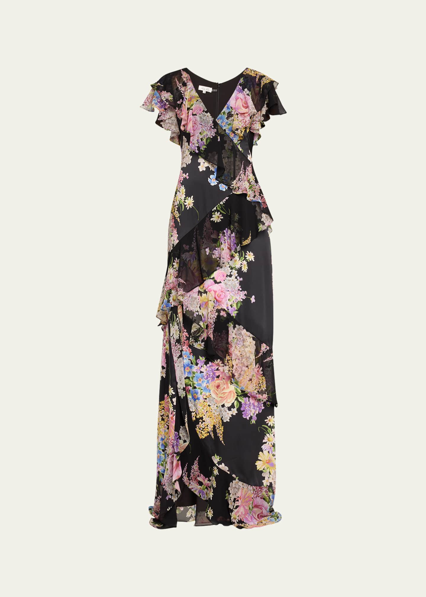 Rickie Freeman for Teri Jon Floral-Print Ruffle Chiffon Gown Image 1 of 5