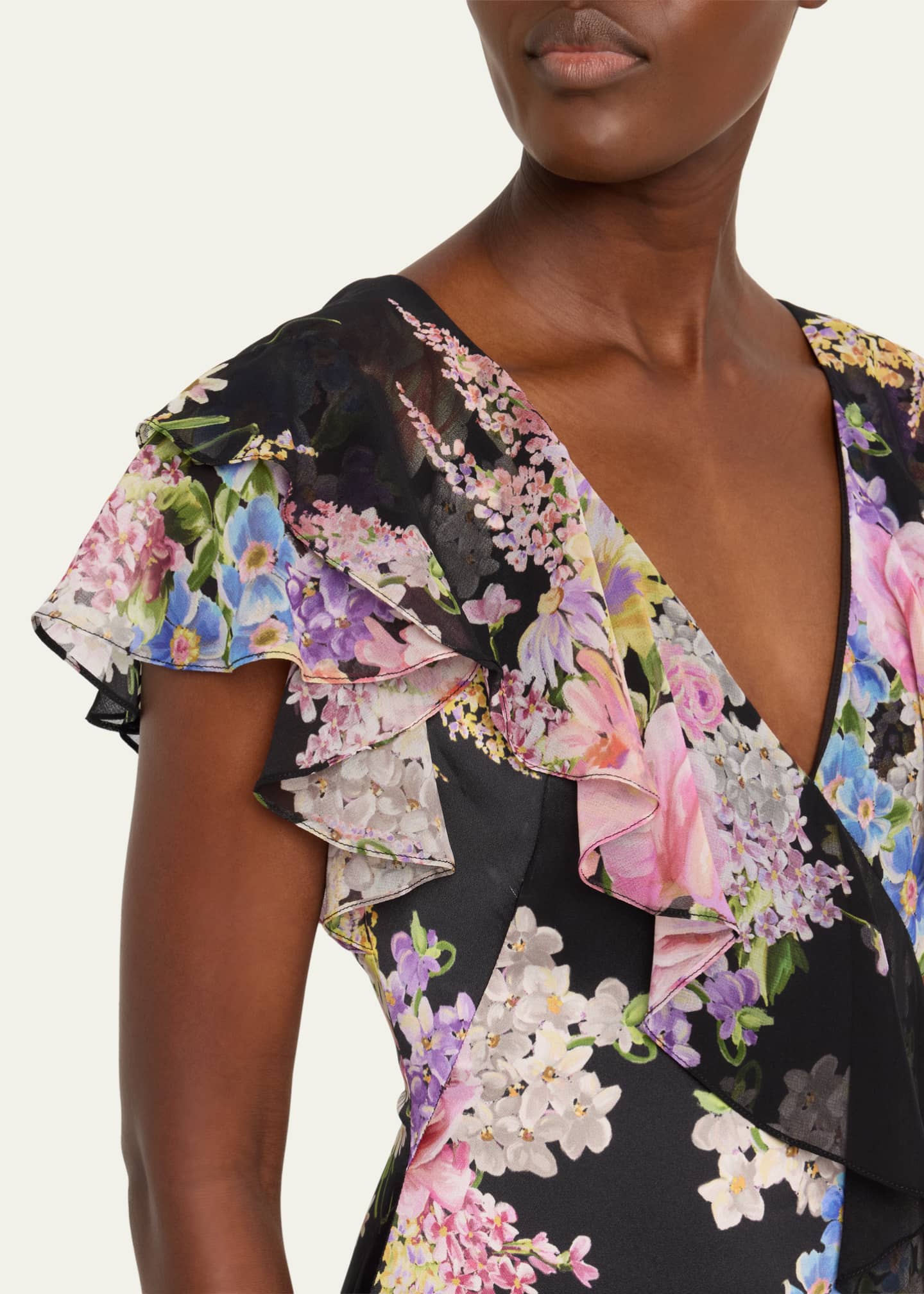 Rickie Freeman for Teri Jon Floral-Print Ruffle Chiffon Gown Image 5 of 5