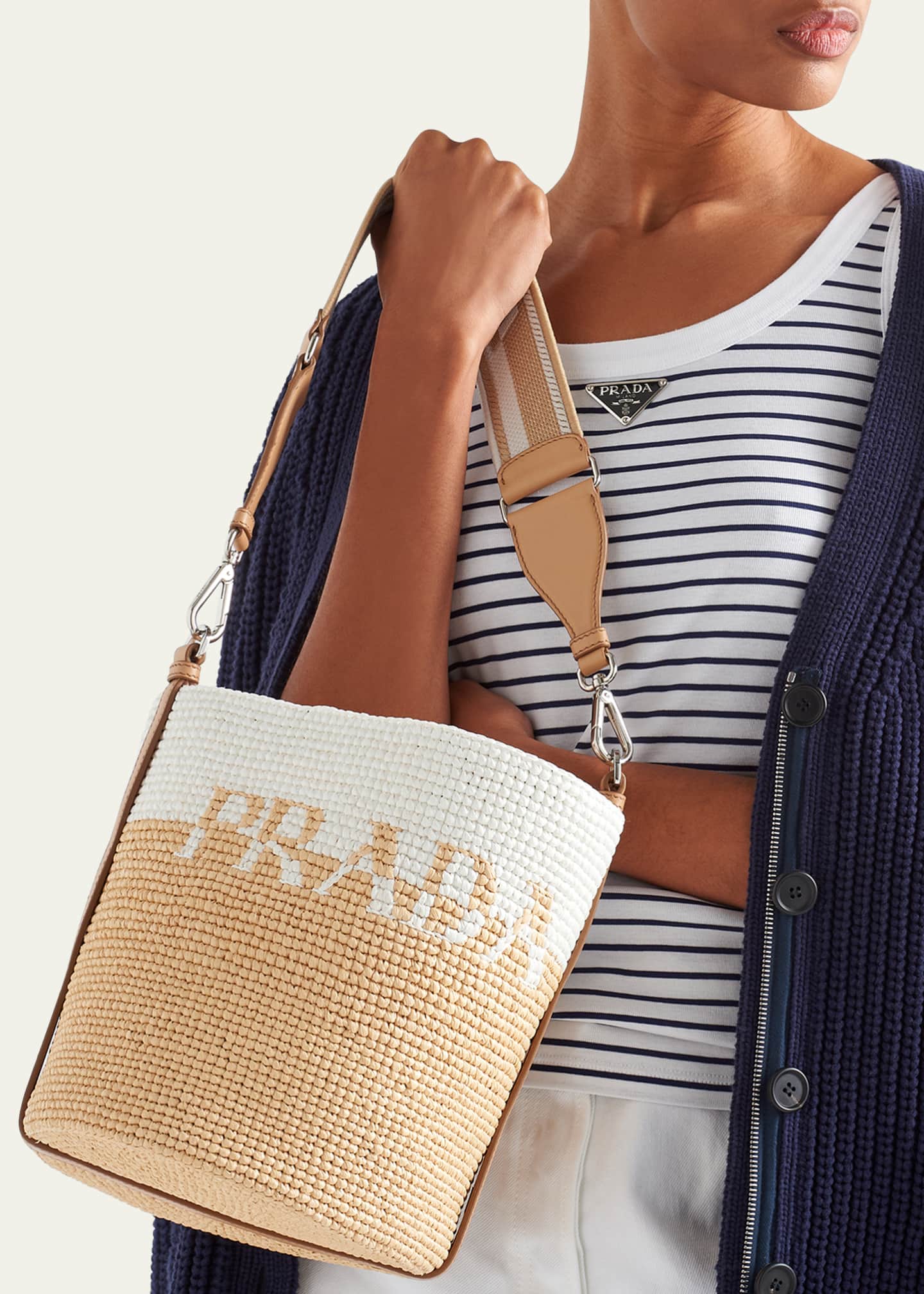 Prada Logo Two-Tone Straw Bucket Bag Image 2 of 5