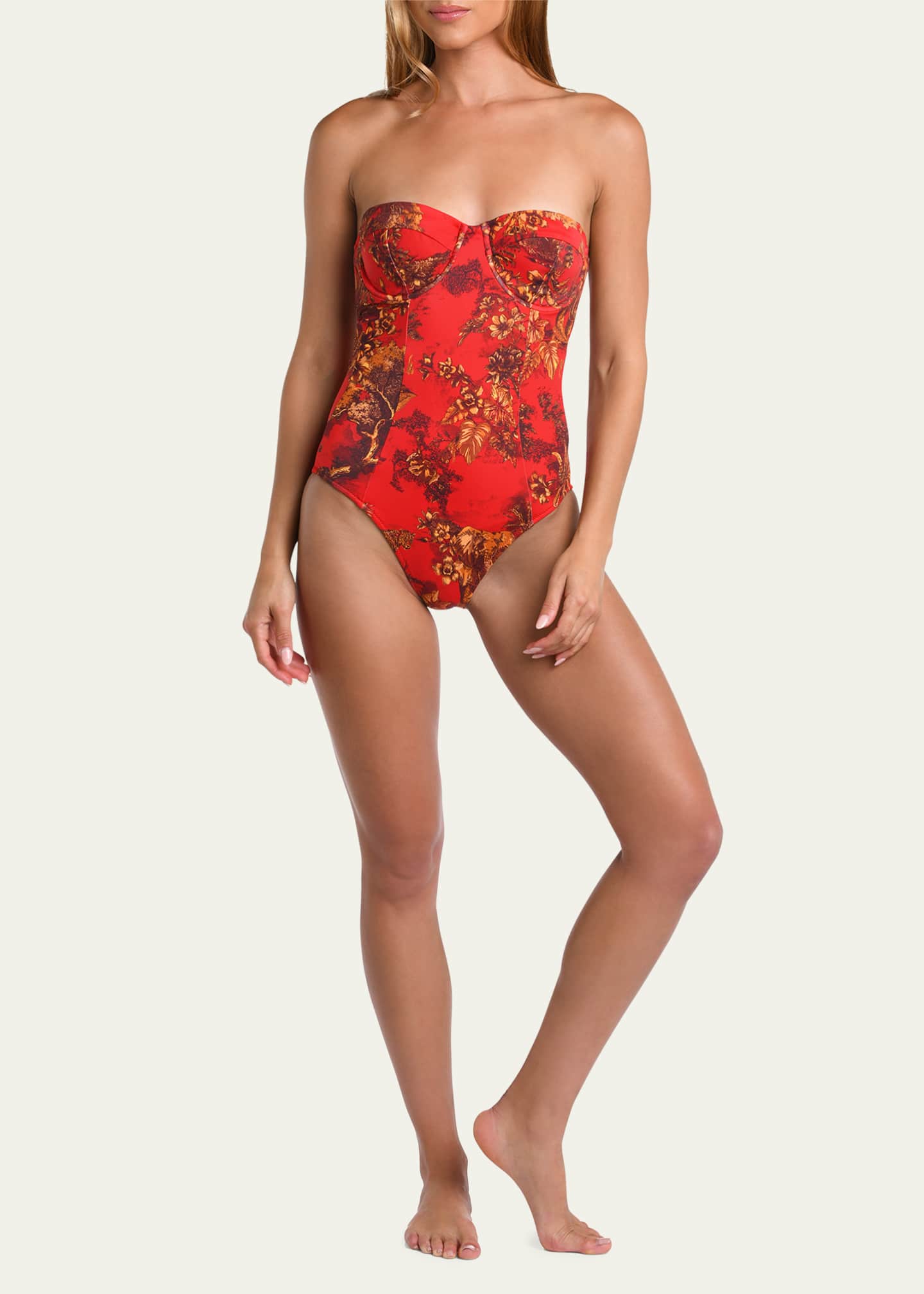 L Agence Amie Red Jungle Underwire Bandeau One Piece Swimsuit