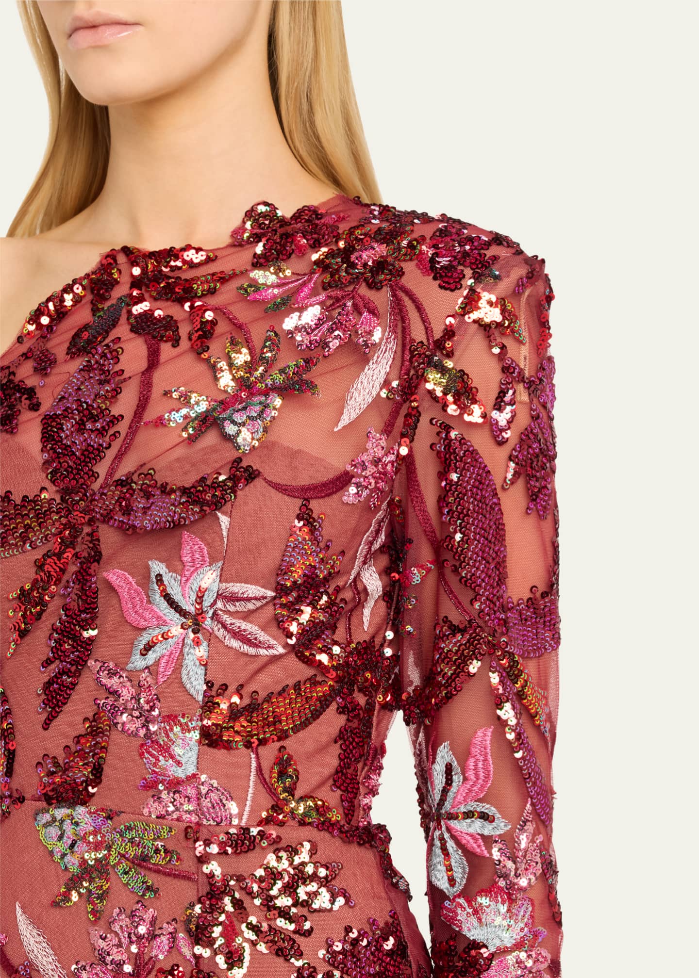 Bronx and Banco Tokyo One Shoulder Sequin Embroidered Gown