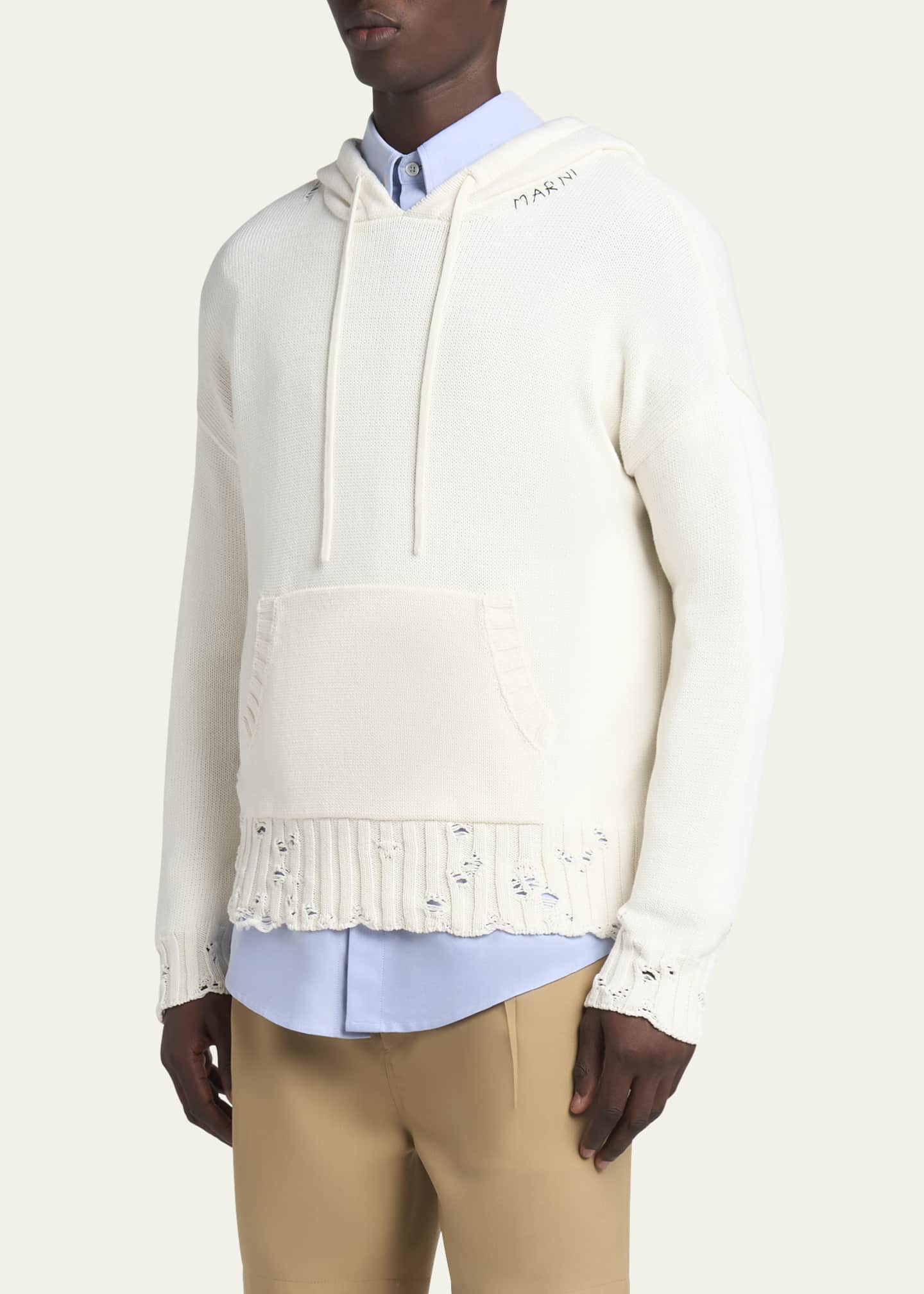 Marni Men's Distressed Knit Logo Hoodie - Bergdorf Goodman