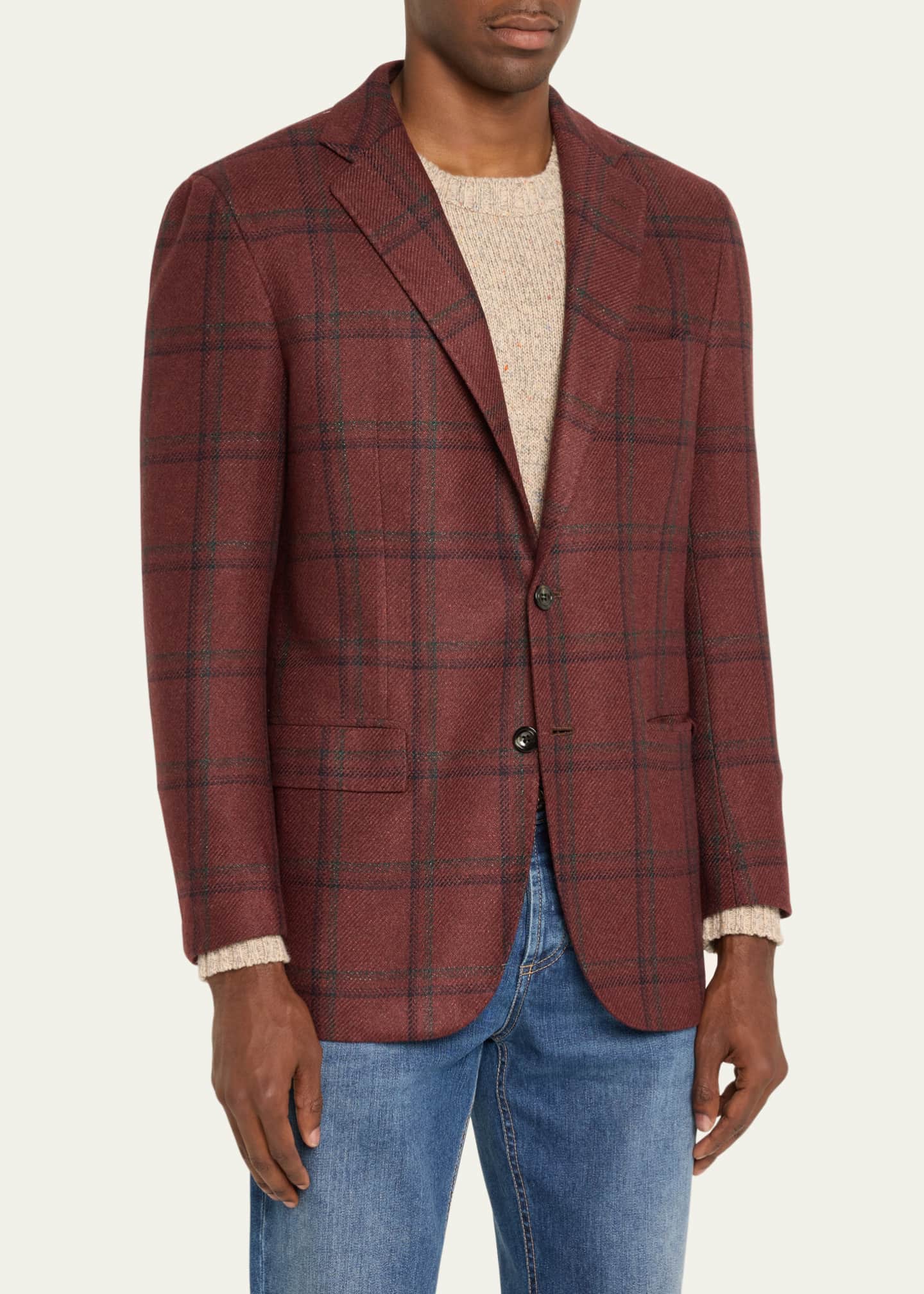 Kiton Men's Windowpane Cashmere-Silk Sport Coat Image 4 of 5