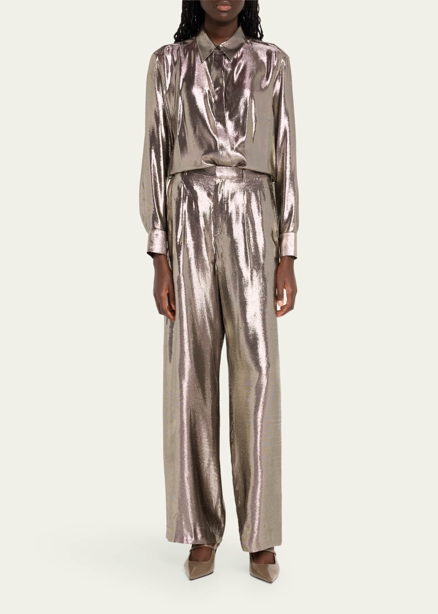 INDRESS Jane Button Down Shiny Silk Metallic Blouse Image 2 of 5