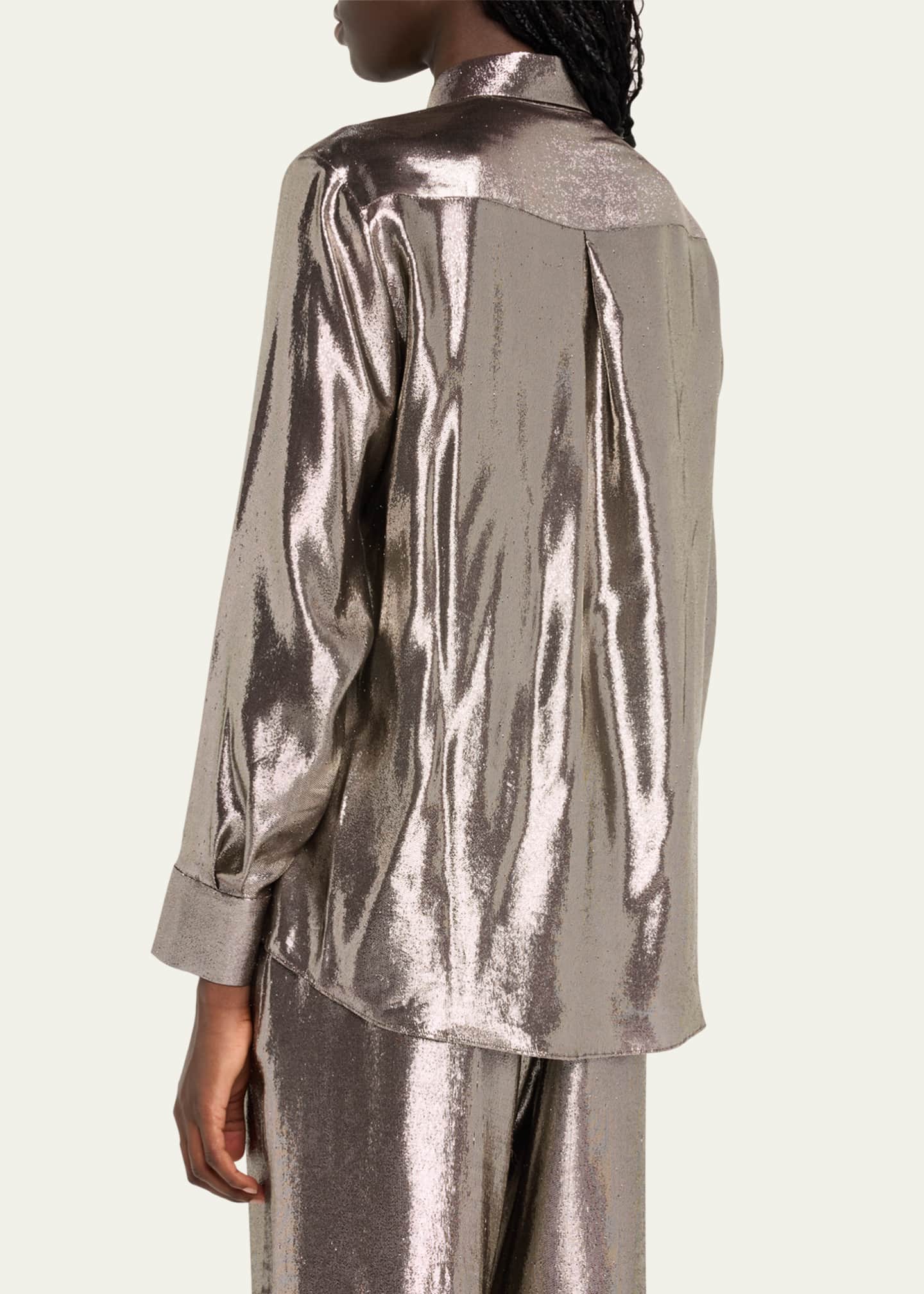 INDRESS Jane Button Down Shiny Silk Metallic Blouse Image 3 of 5