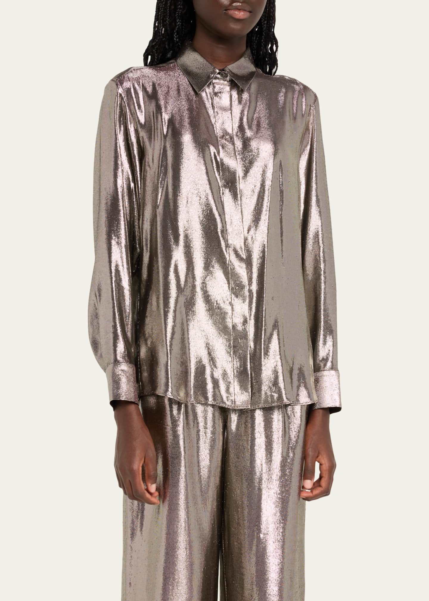 INDRESS Jane Button Down Shiny Silk Metallic Blouse Image 4 of 5
