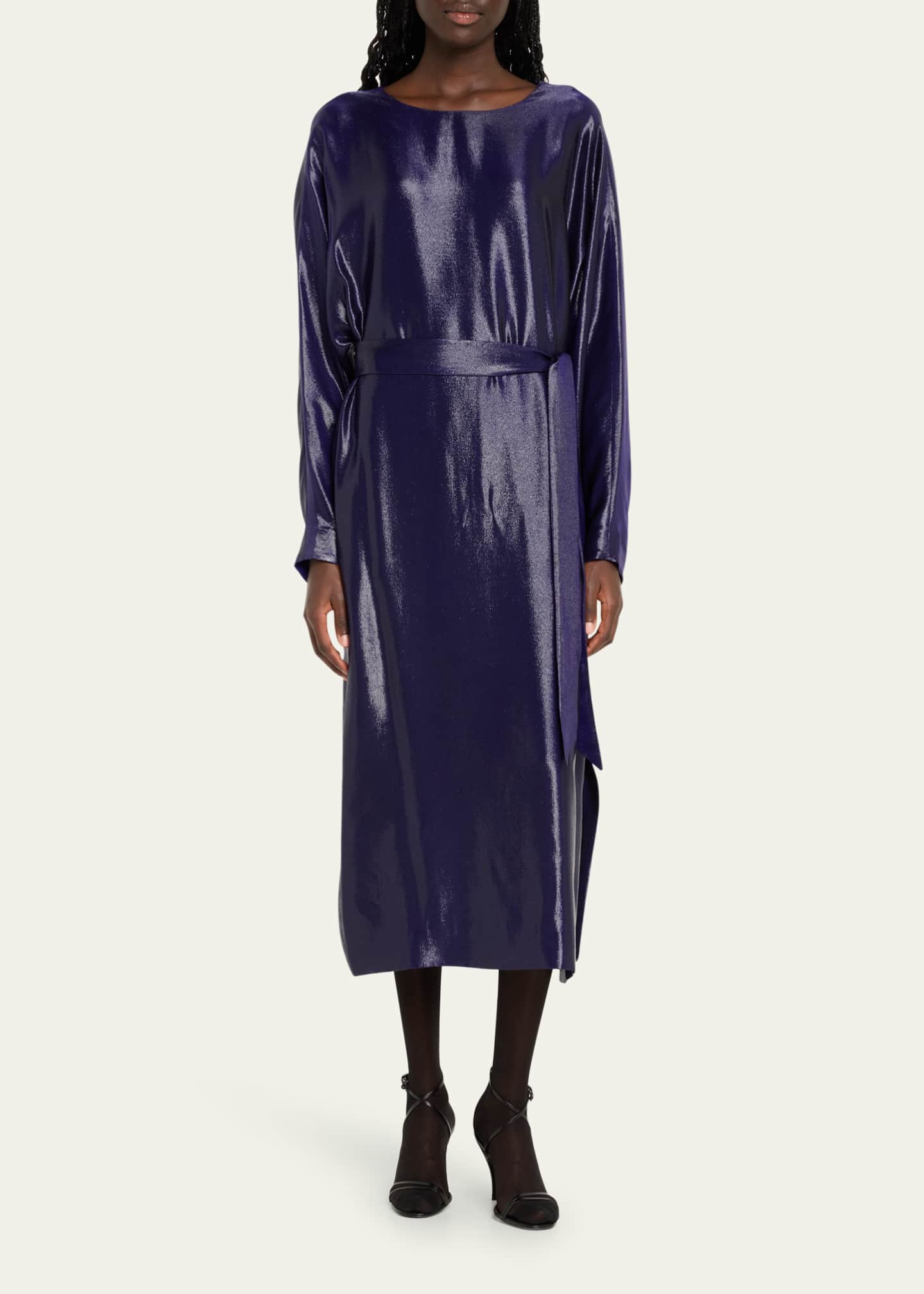 INDRESS Charlize Self-Tie Midi Shiny Metallic Dress Image 2 of 5