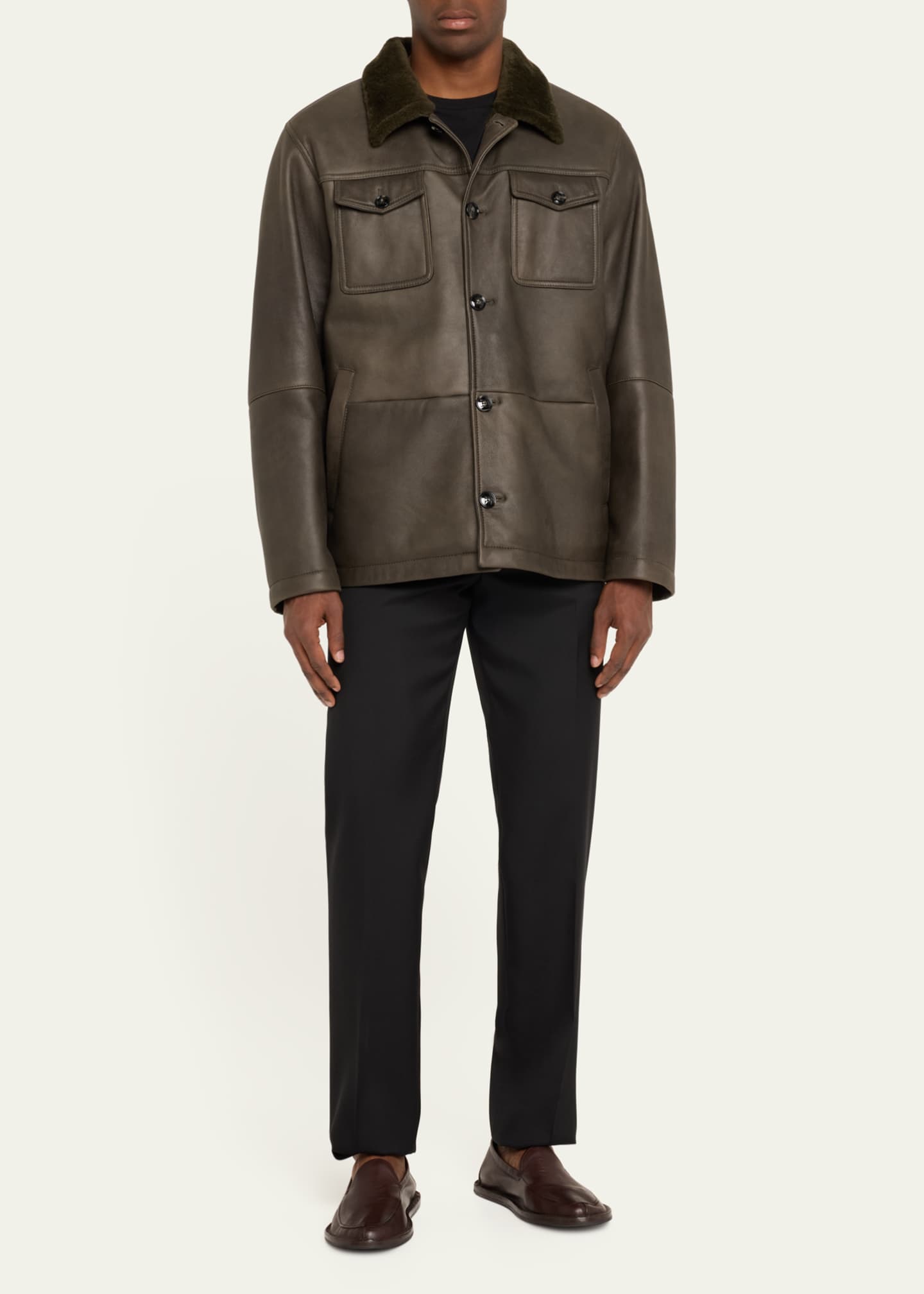 Kiton Men's Leather Shearling-Collar Shirt Jacket Image 2 of 5