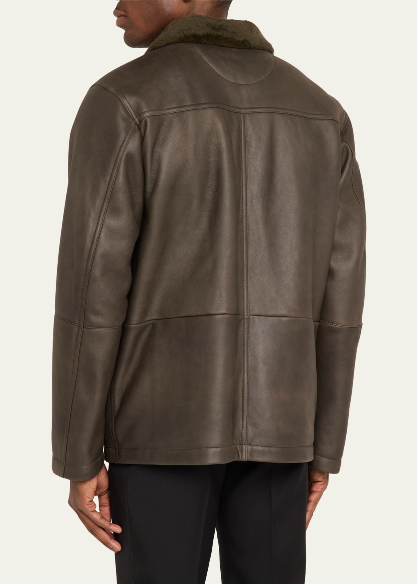 Kiton Men's Leather Shearling-Collar Shirt Jacket Image 3 of 5