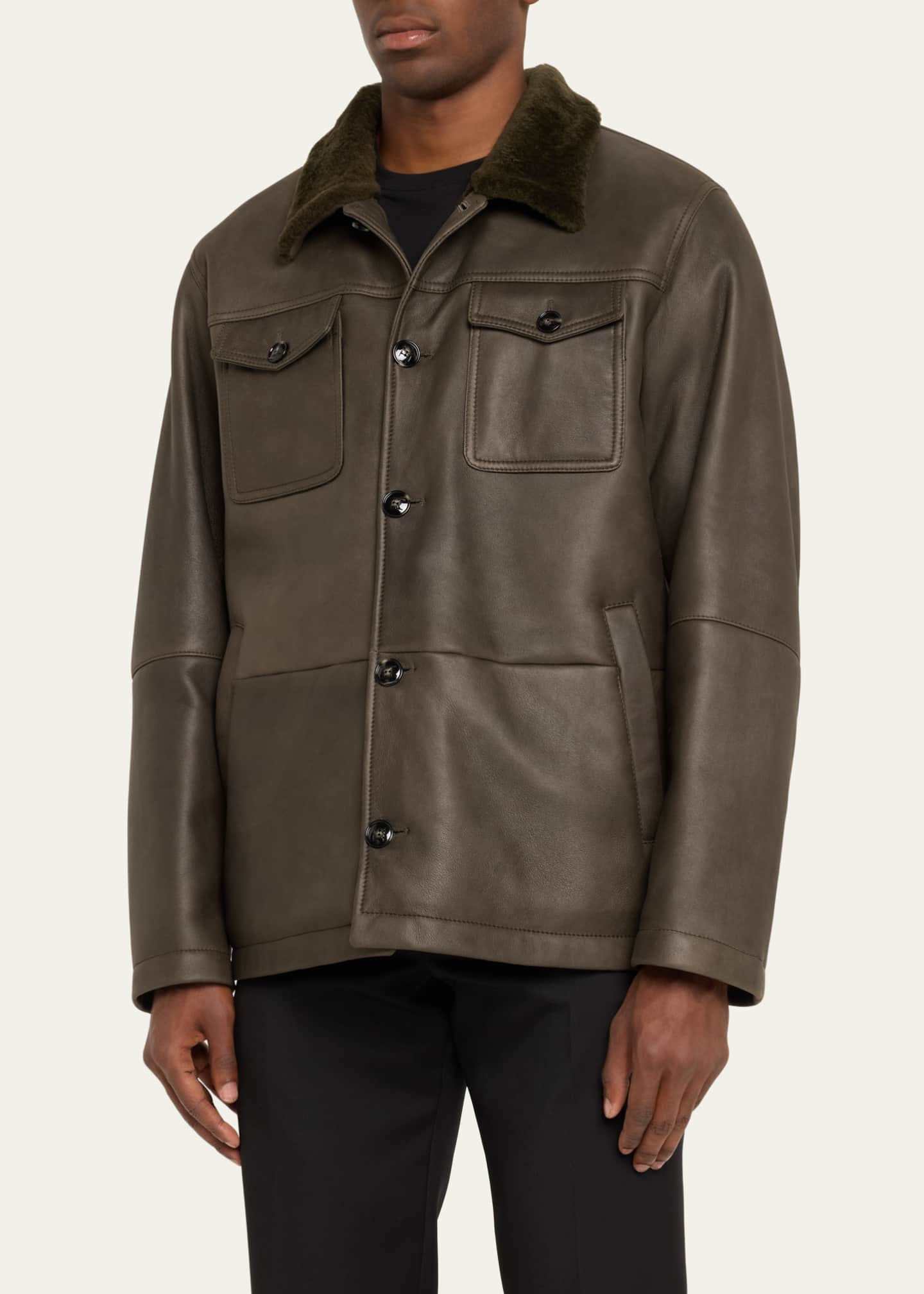 Kiton Men's Leather Shearling-Collar Shirt Jacket Image 4 of 5