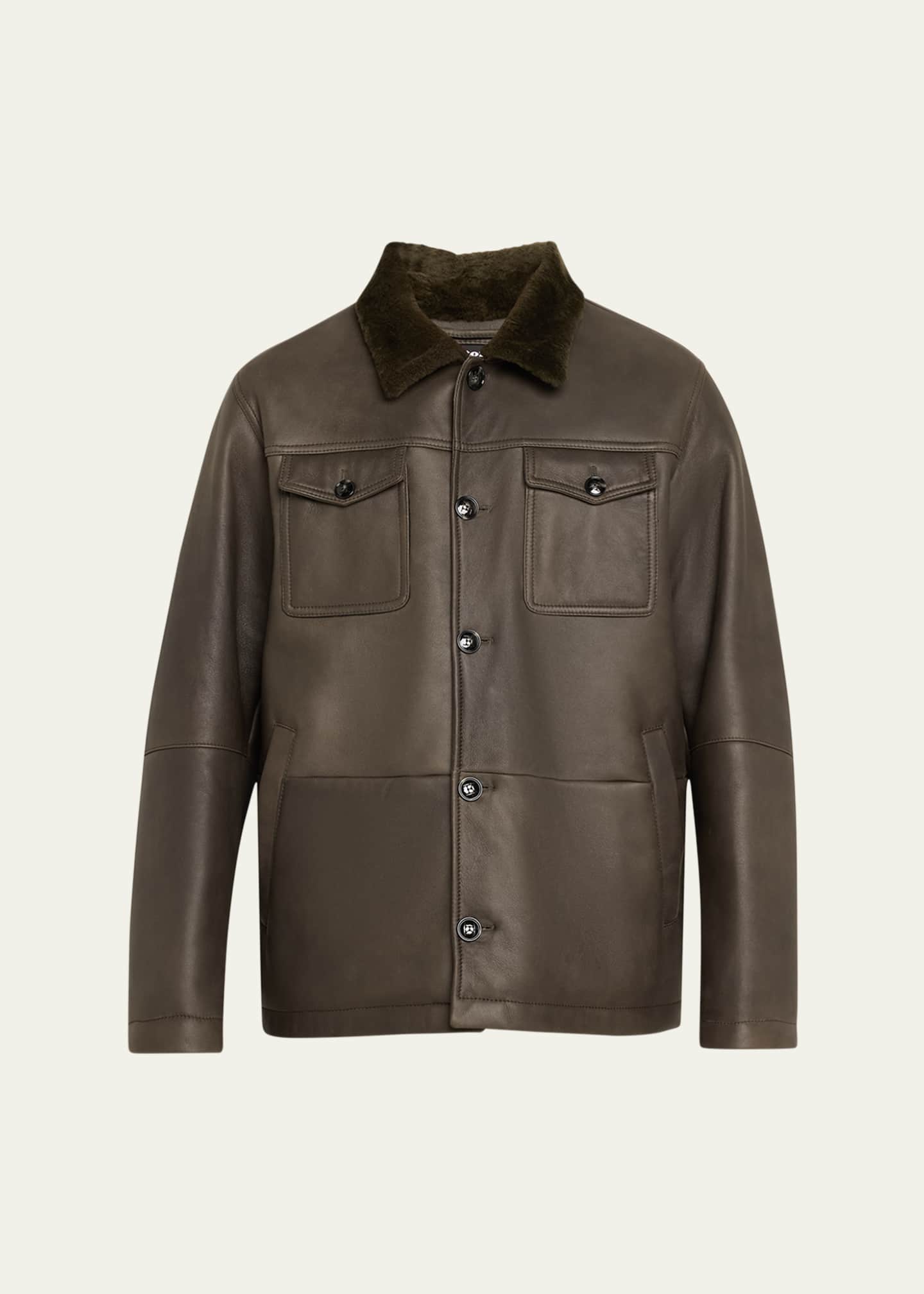 Kiton Men's Leather Shearling-Collar Shirt Jacket Image 1 of 5