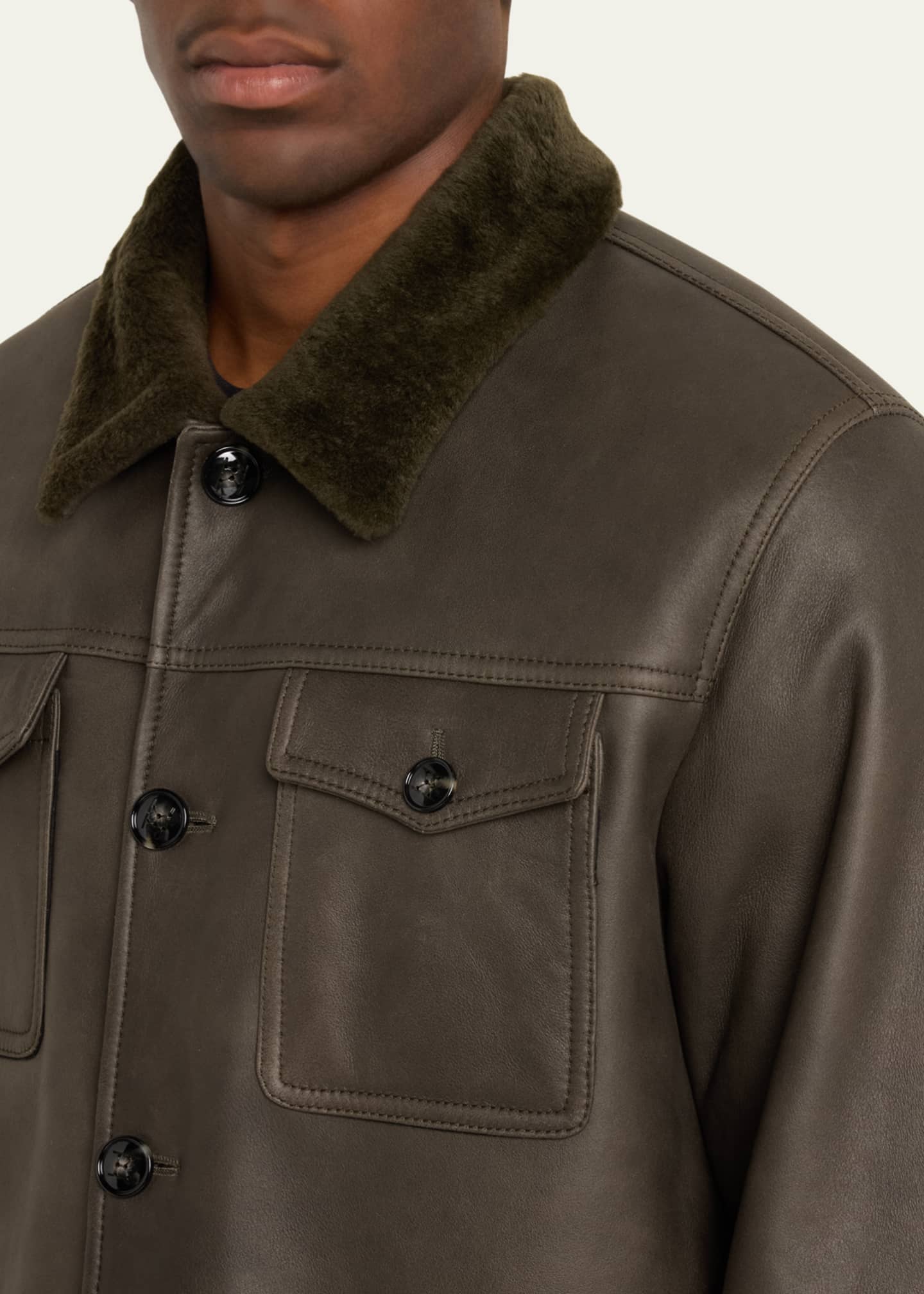 Kiton Men's Leather Shearling-Collar Shirt Jacket Image 5 of 5