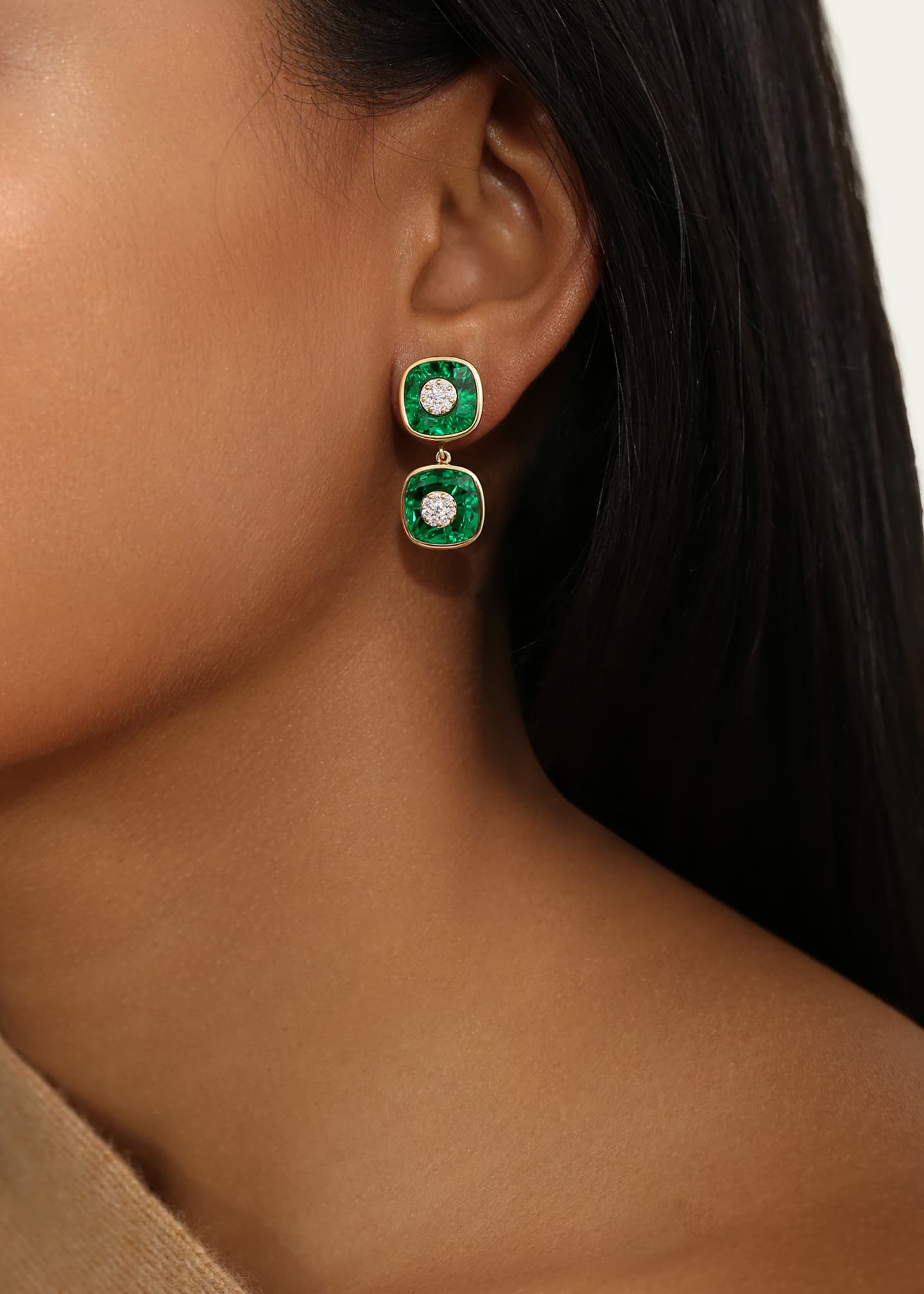 Bhansali 18K Yellow Gold One Collection Double Cushion Bezel Fusion Emerald and Diamond Earrings Image 2 of 4