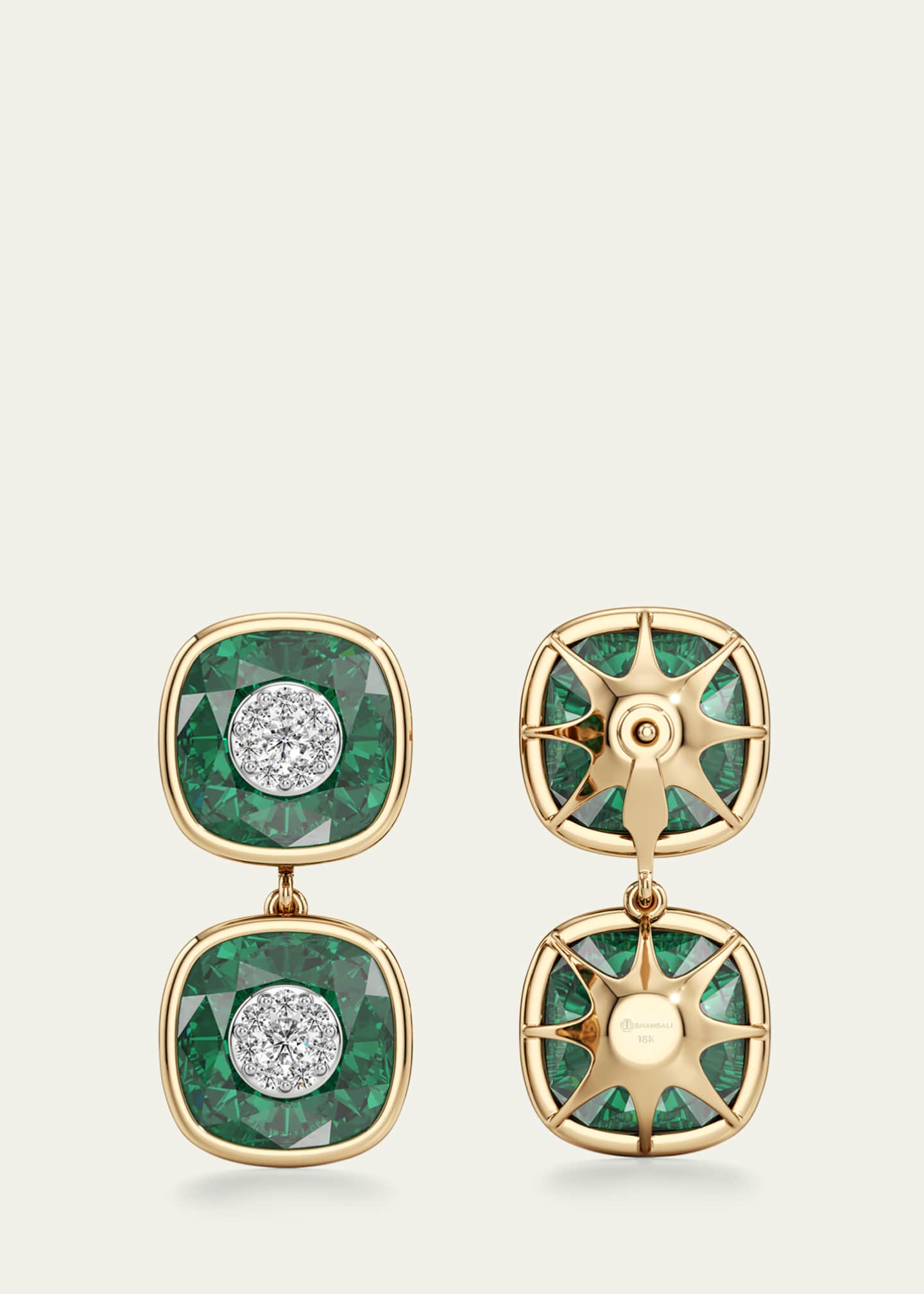 Bhansali 18K Yellow Gold One Collection Double Cushion Bezel Fusion Emerald and Diamond Earrings Image 3 of 4