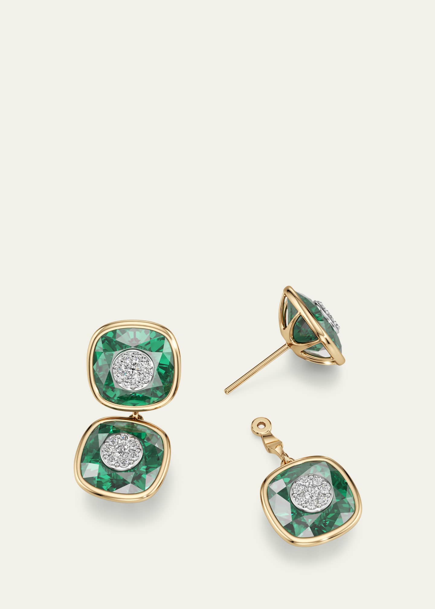 Bhansali 18K Yellow Gold One Collection Double Cushion Bezel Fusion Emerald and Diamond Earrings Image 4 of 4
