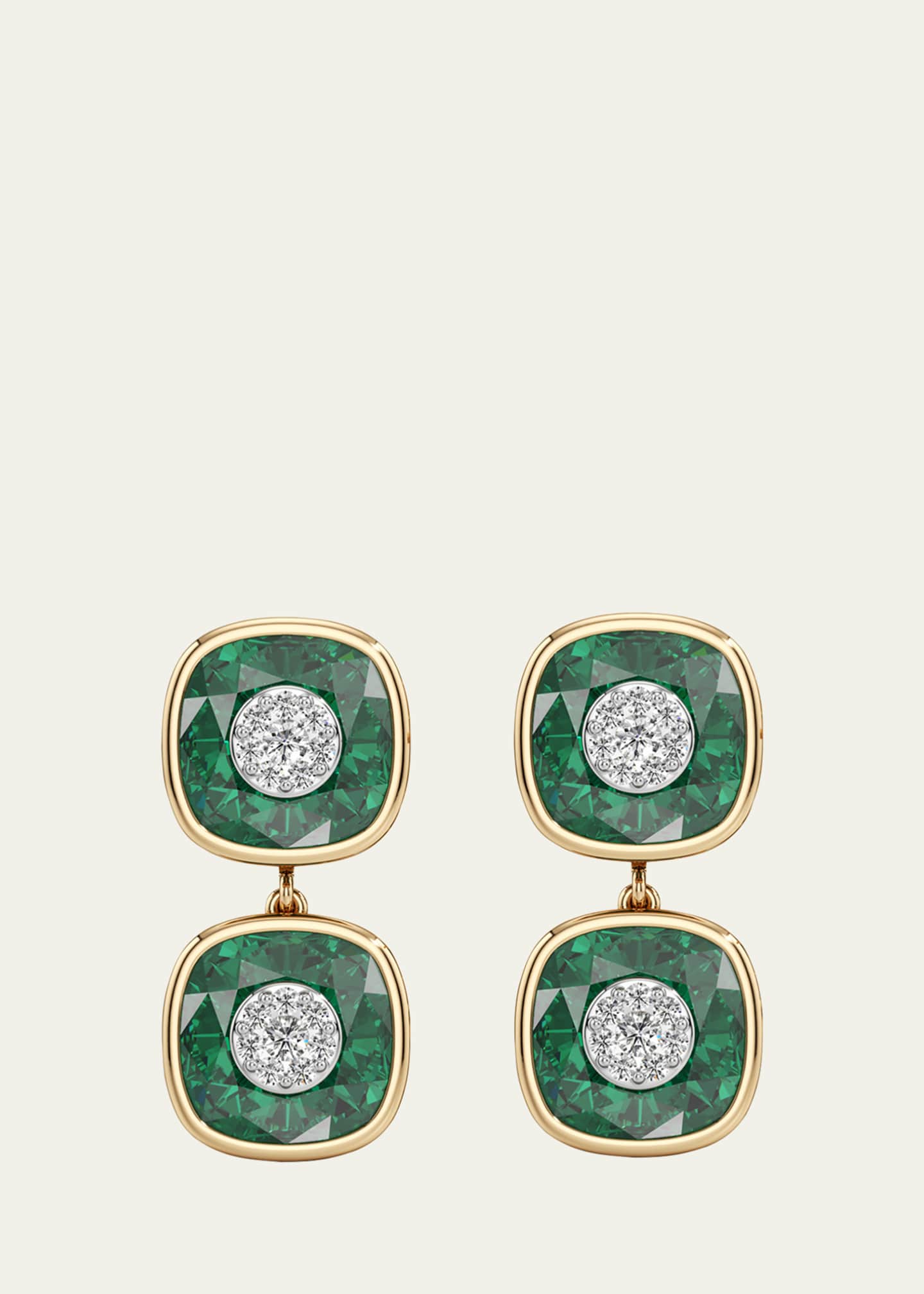 Bhansali 18K Yellow Gold One Collection Double Cushion Bezel Fusion Emerald and Diamond Earrings Image 1 of 4