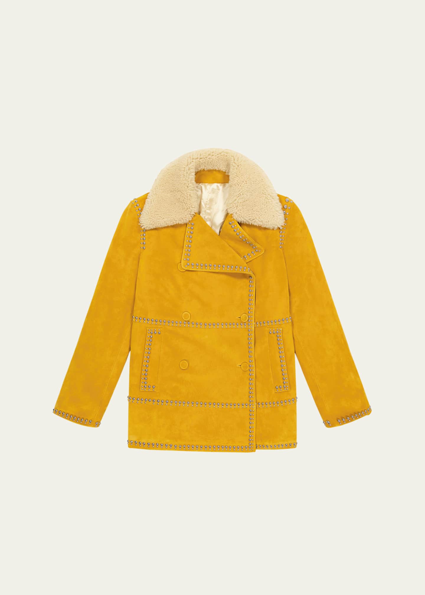 Wales Bonner Men s Studded Suede Coat with Shearling Collar