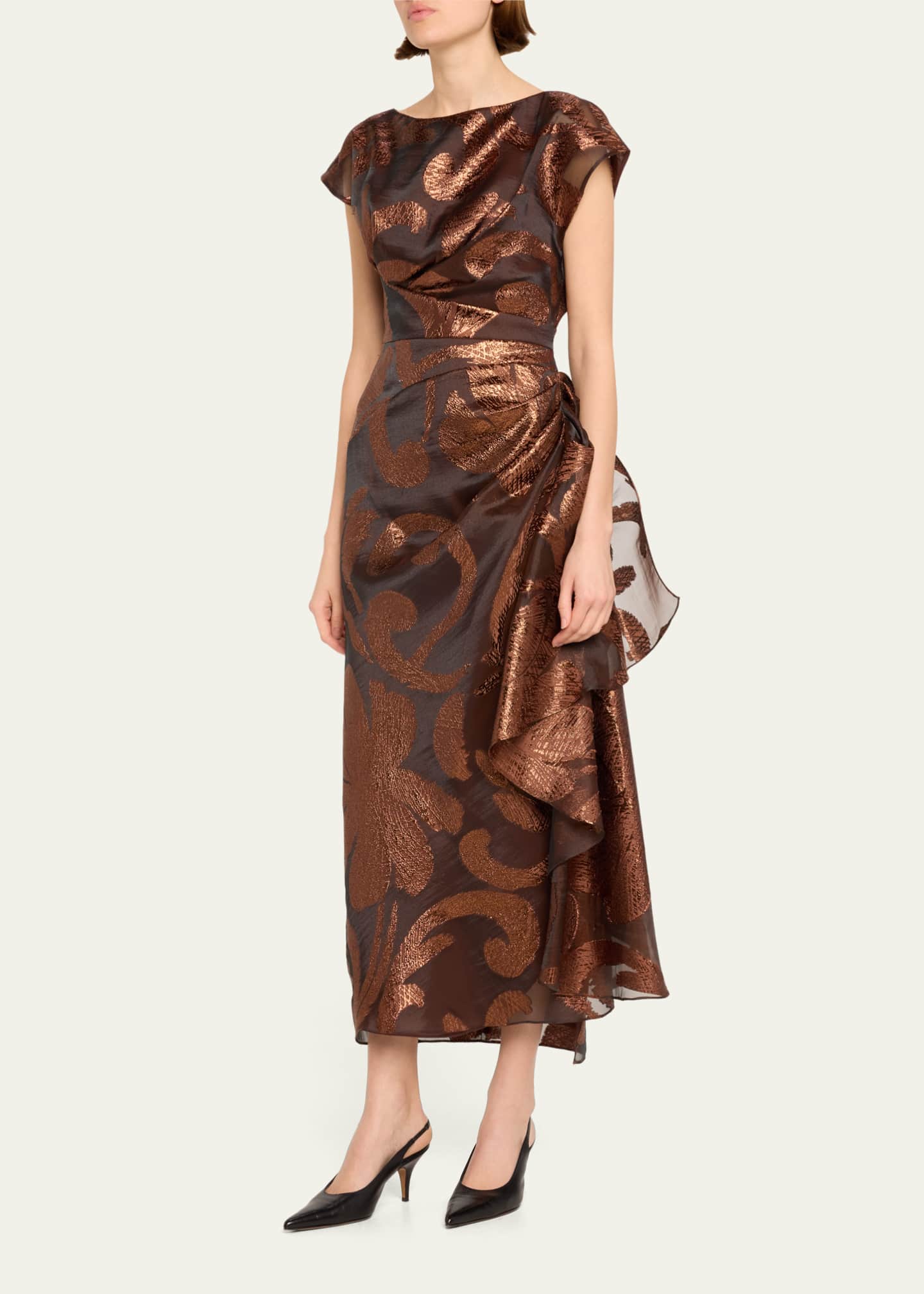 Lela Rose Florence Metallic Midi Dress with Draped Detail Bergdorf Goodman