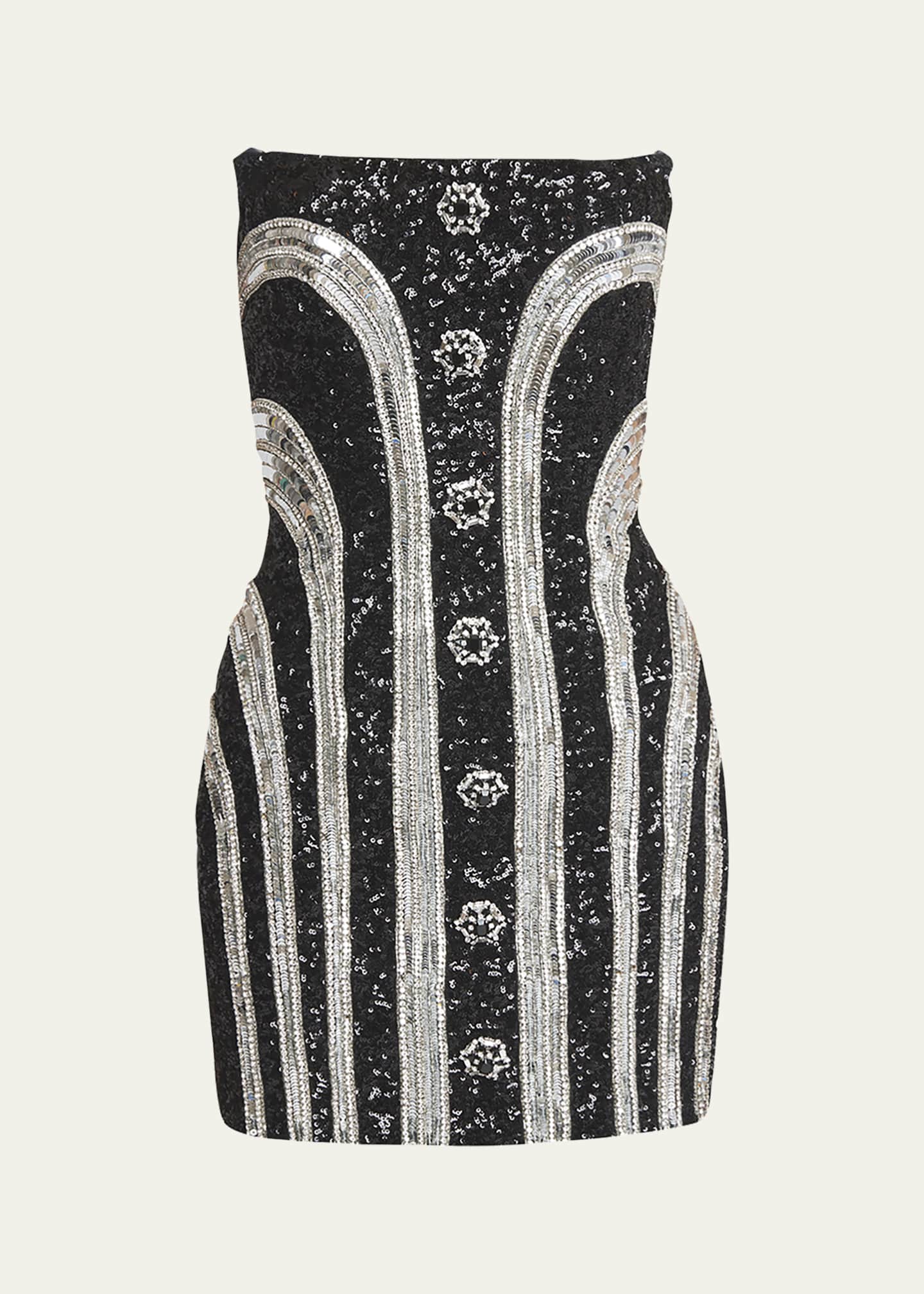 Balmain Embroidered Sequin Bustier Stripe Mini Dress Black Crystal Women s 42 FR 10 Us Cocktail Party Wedding Guest Dresses Sequined Dresses