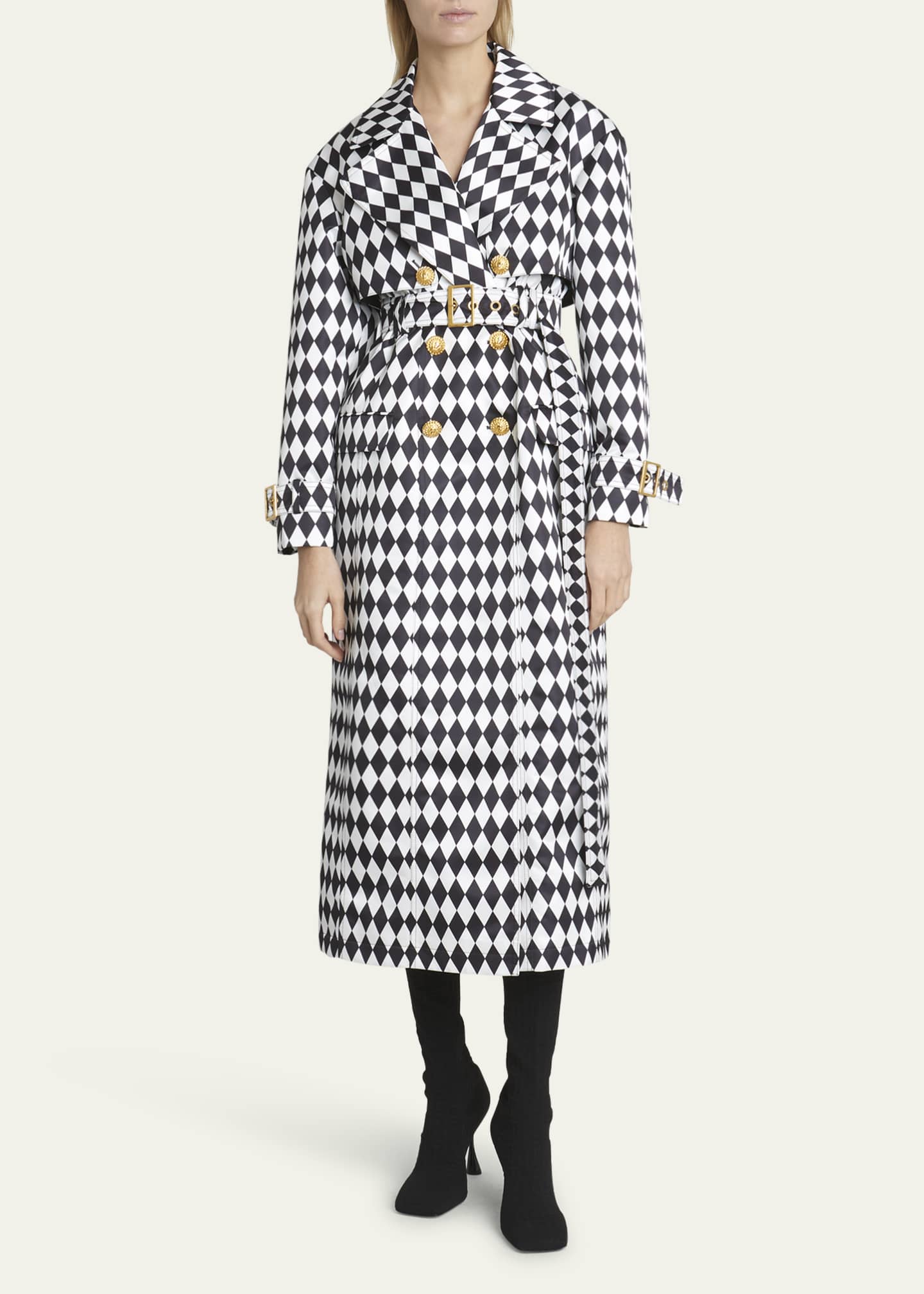 Diamond Print Belted Trench Coat with Gold-Tone Buttons