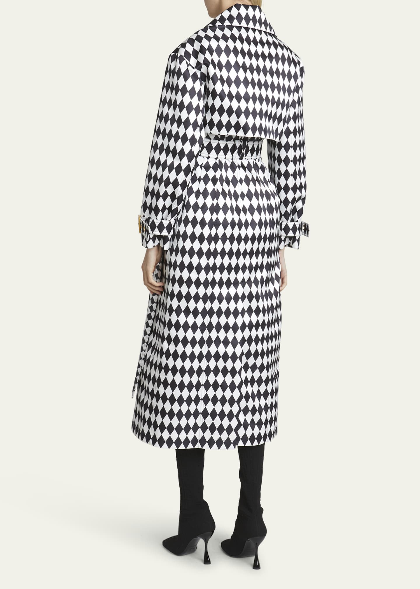 Diamond Print Belted Trench Coat with Gold-Tone Buttons