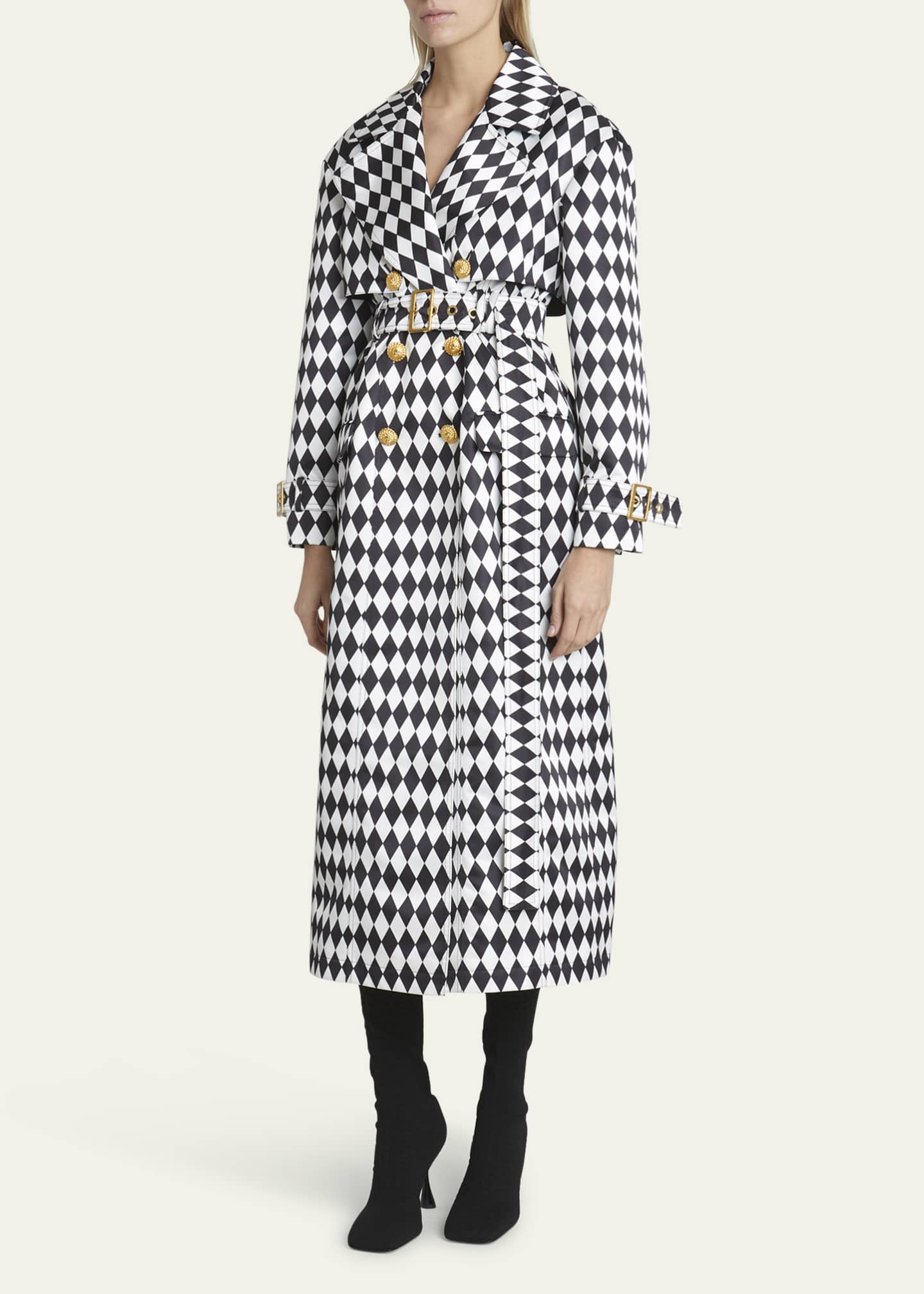 Diamond Print Belted Trench Coat with Gold-Tone Buttons