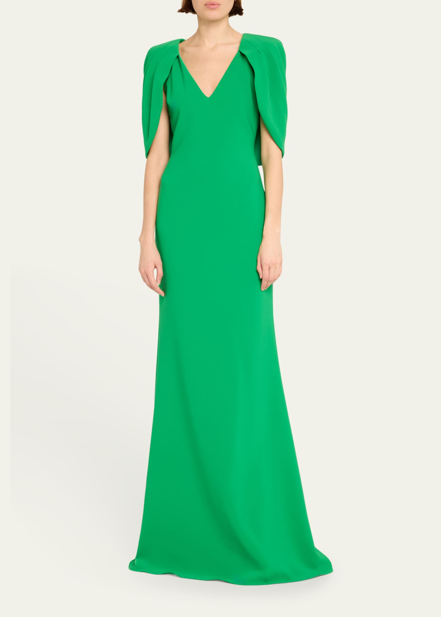Badgley Mischka Cape-Sleeve Crepe Trumpet Gown Image 2 of 5