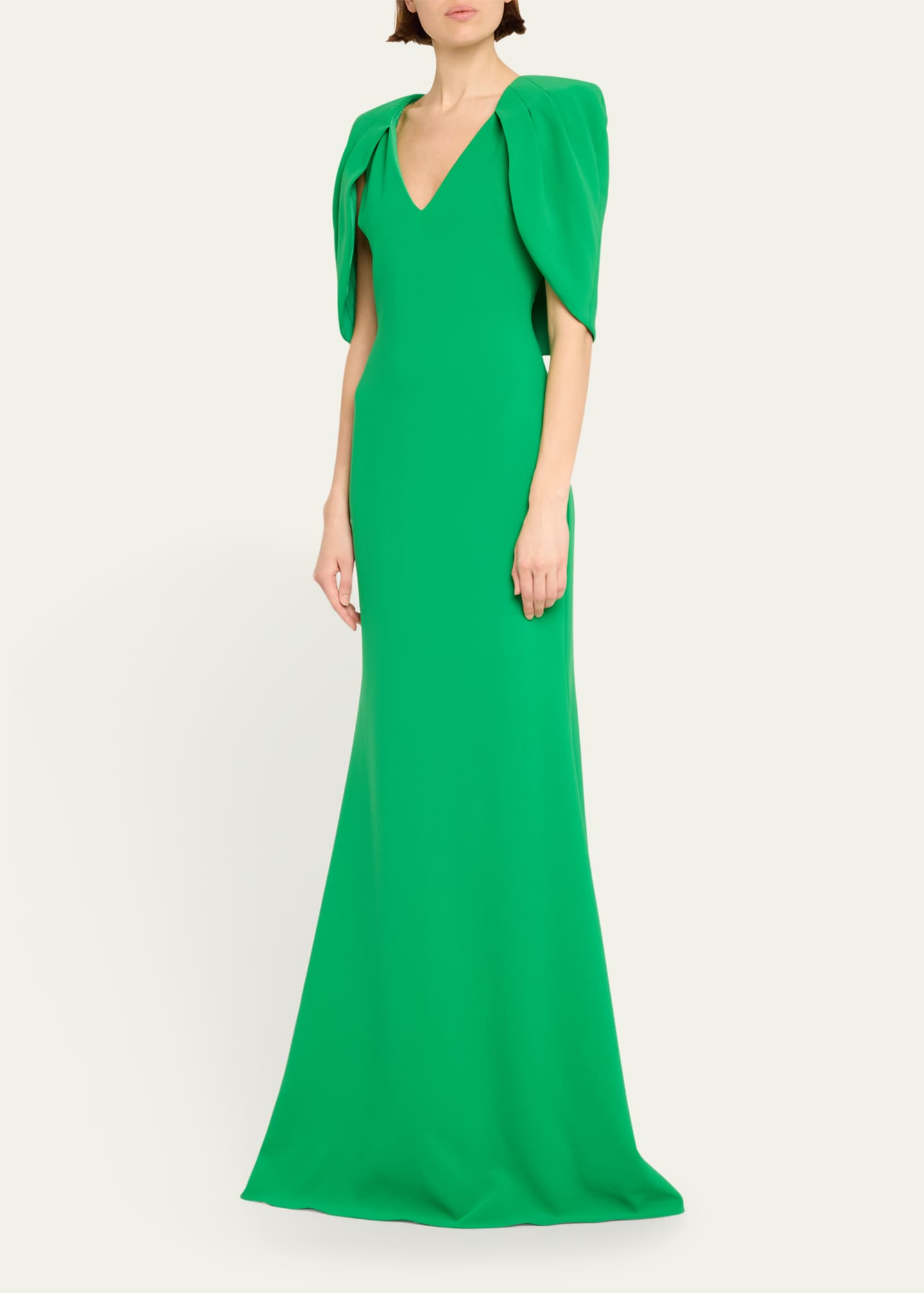Badgley Mischka Cape-Sleeve Crepe Trumpet Gown Image 4 of 5