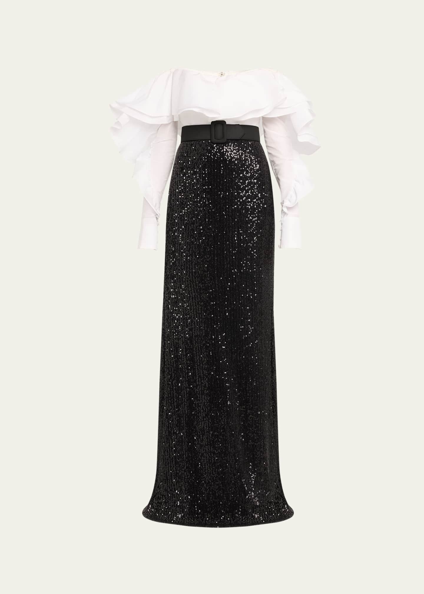 Badgley mischka off the shoulder ruffle gown store