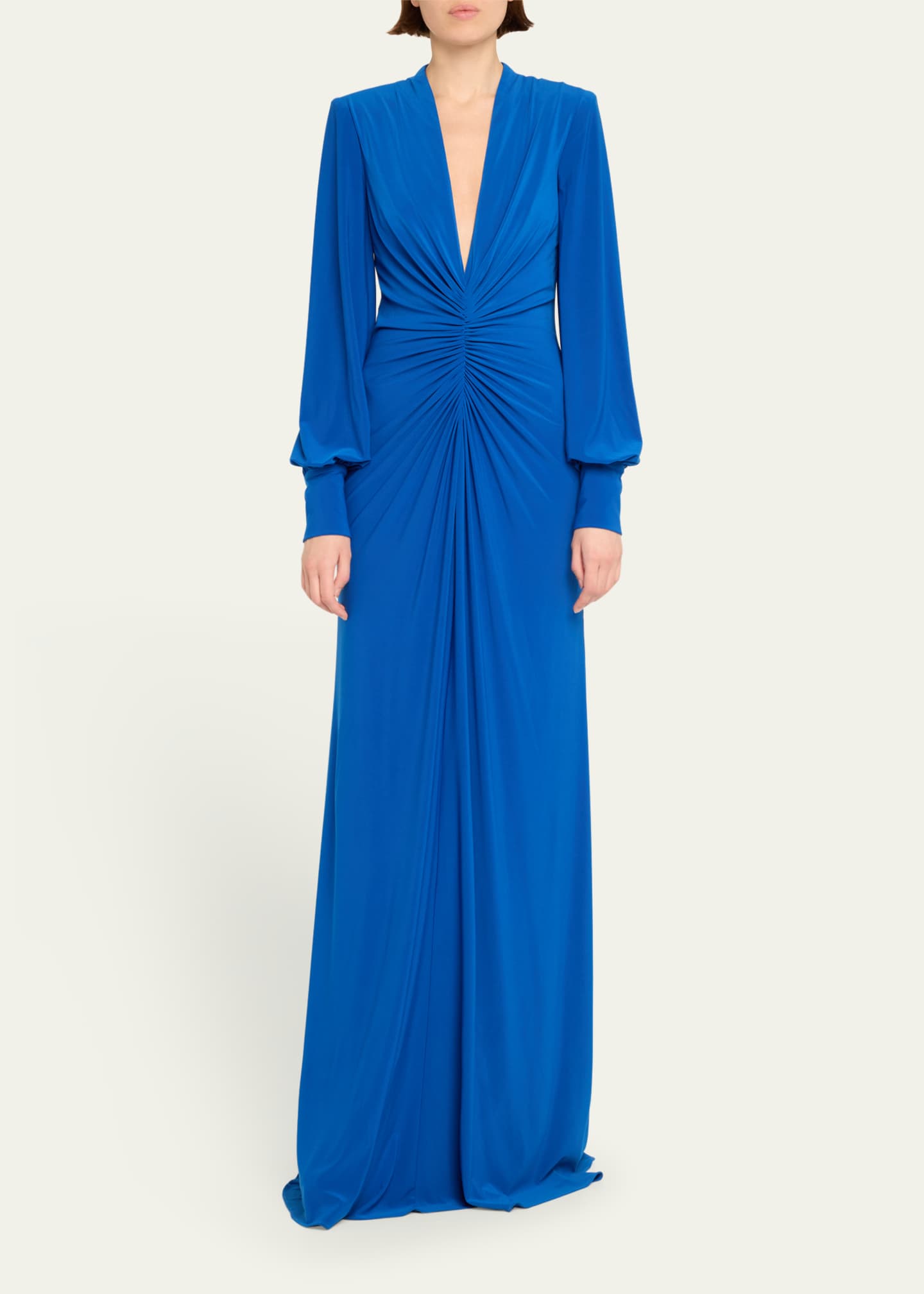 Badgley Mischka Ruched Deep V-Neck Jersey Gown Image 2 of 5