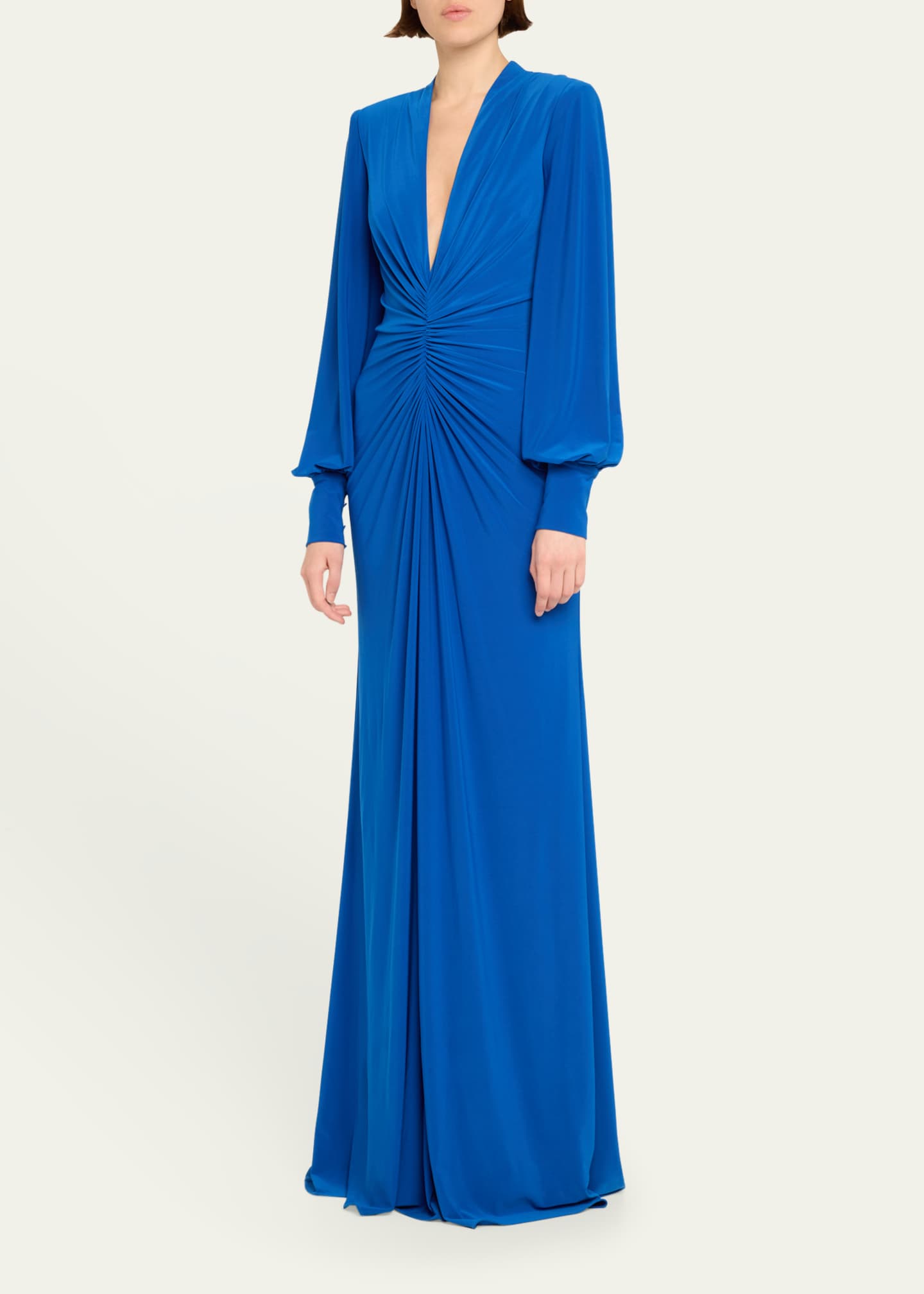 Badgley Mischka Ruched Deep V-Neck Jersey Gown Image 4 of 5