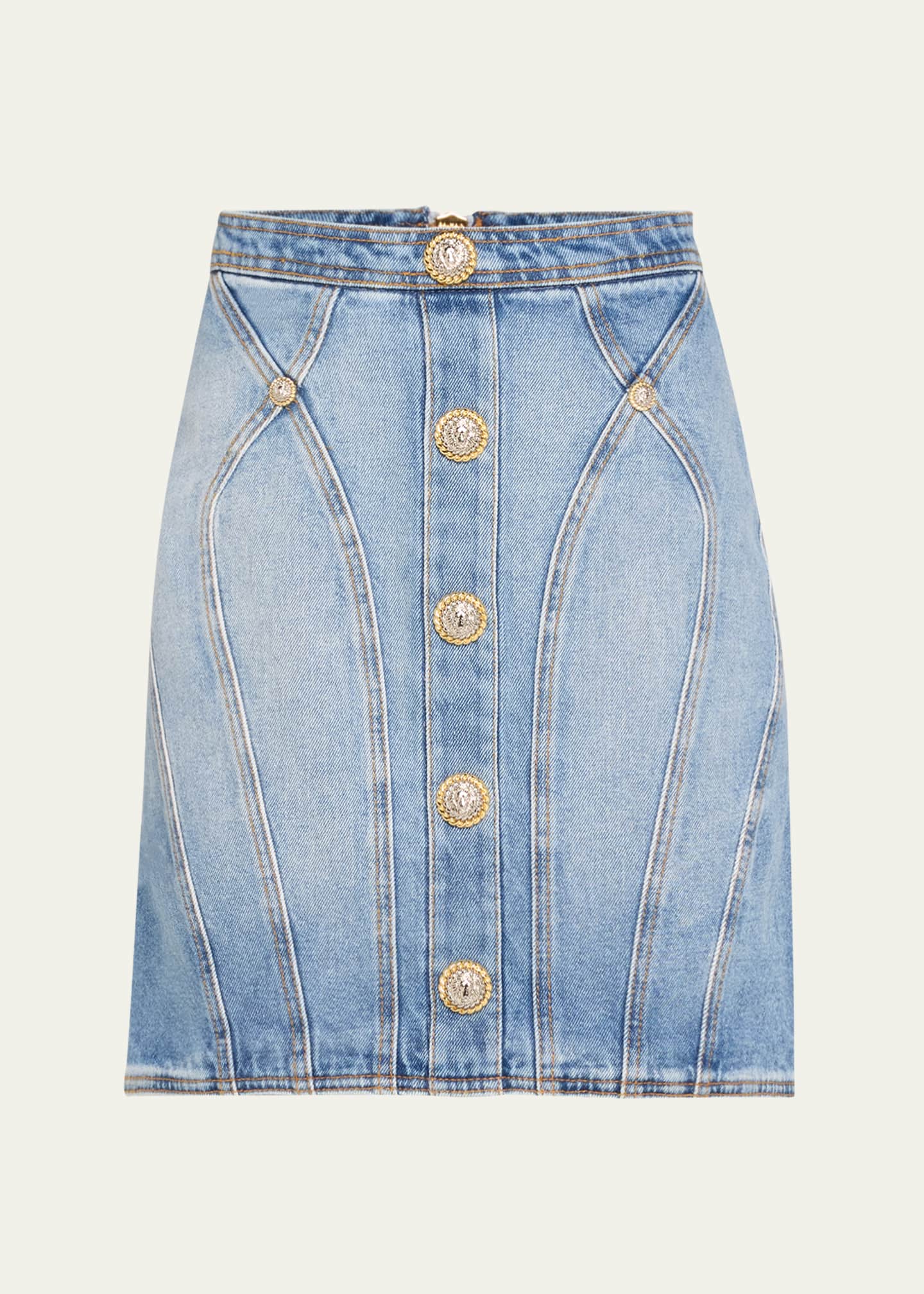 Balmain Seamed Denim Pencil Skirt with Gold-Tone Buttons - Bergdorf Goodman