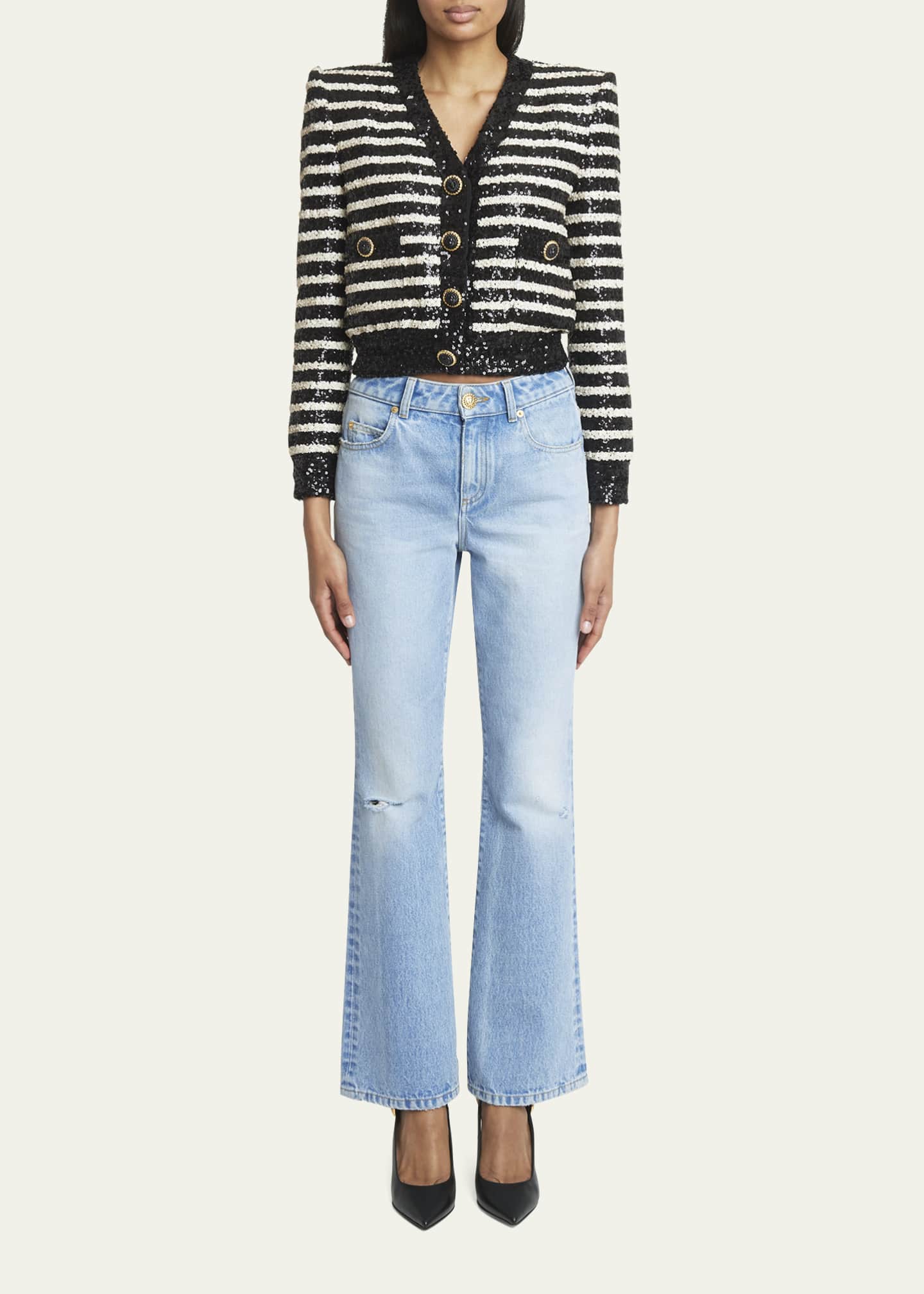 Balmain Striped Sequined Crop Jacket with Button Details