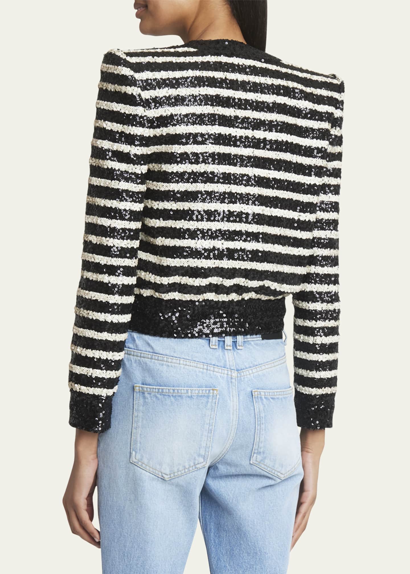 Balmain Striped Sequined Crop Jacket with Button Details