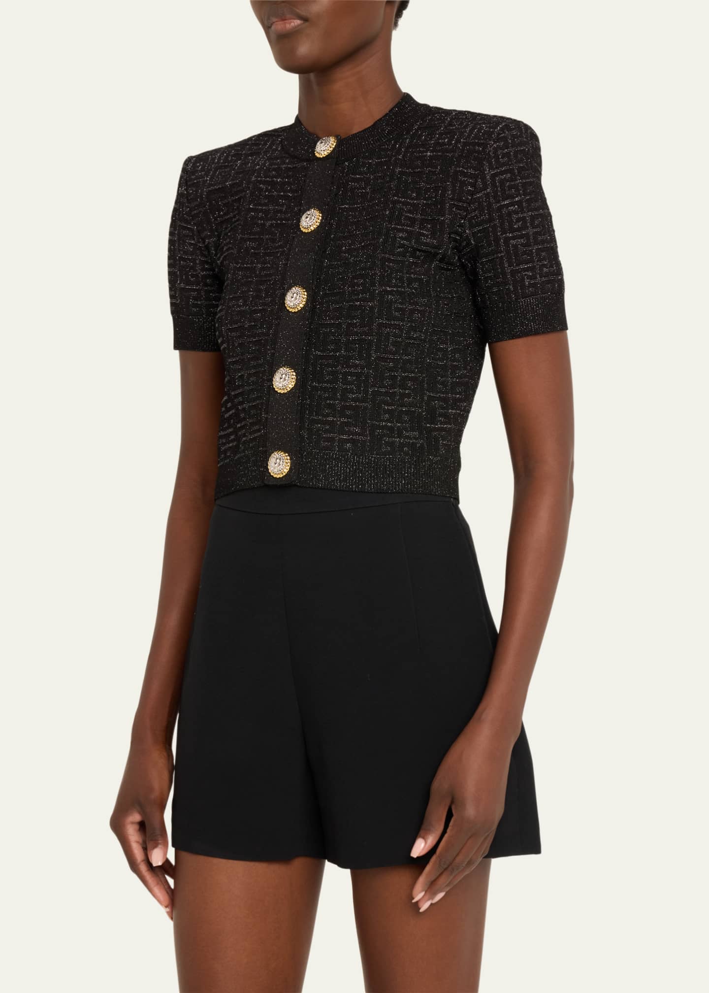 Balmain Monogram Glitter Button-Front Cardigan Image 4 of 5