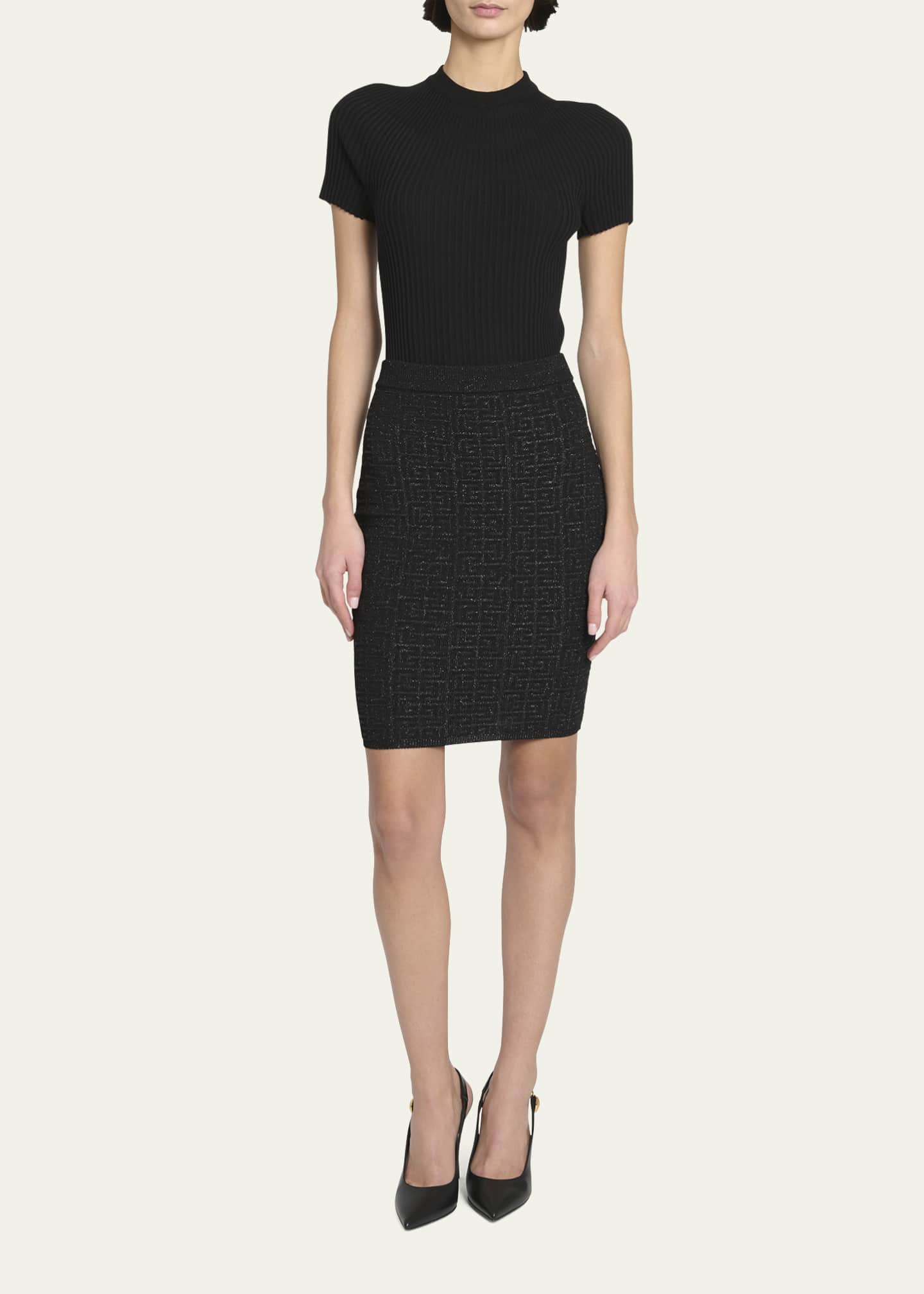 Balmain Monogram Glitter Knit Midi Skirt Image 2 of 5