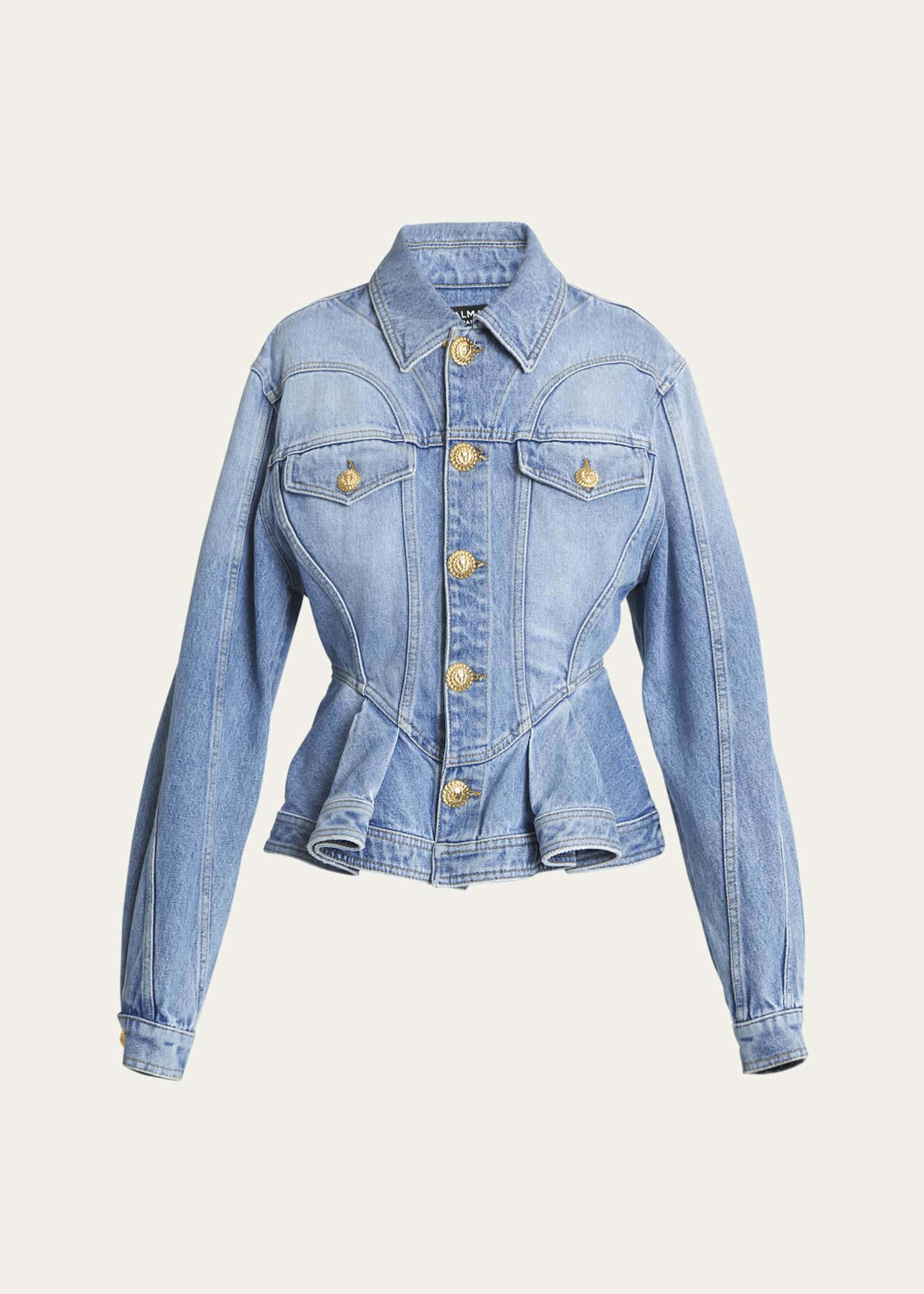 Balmain Peplum Denim Jacket with Gold Tone Buttons