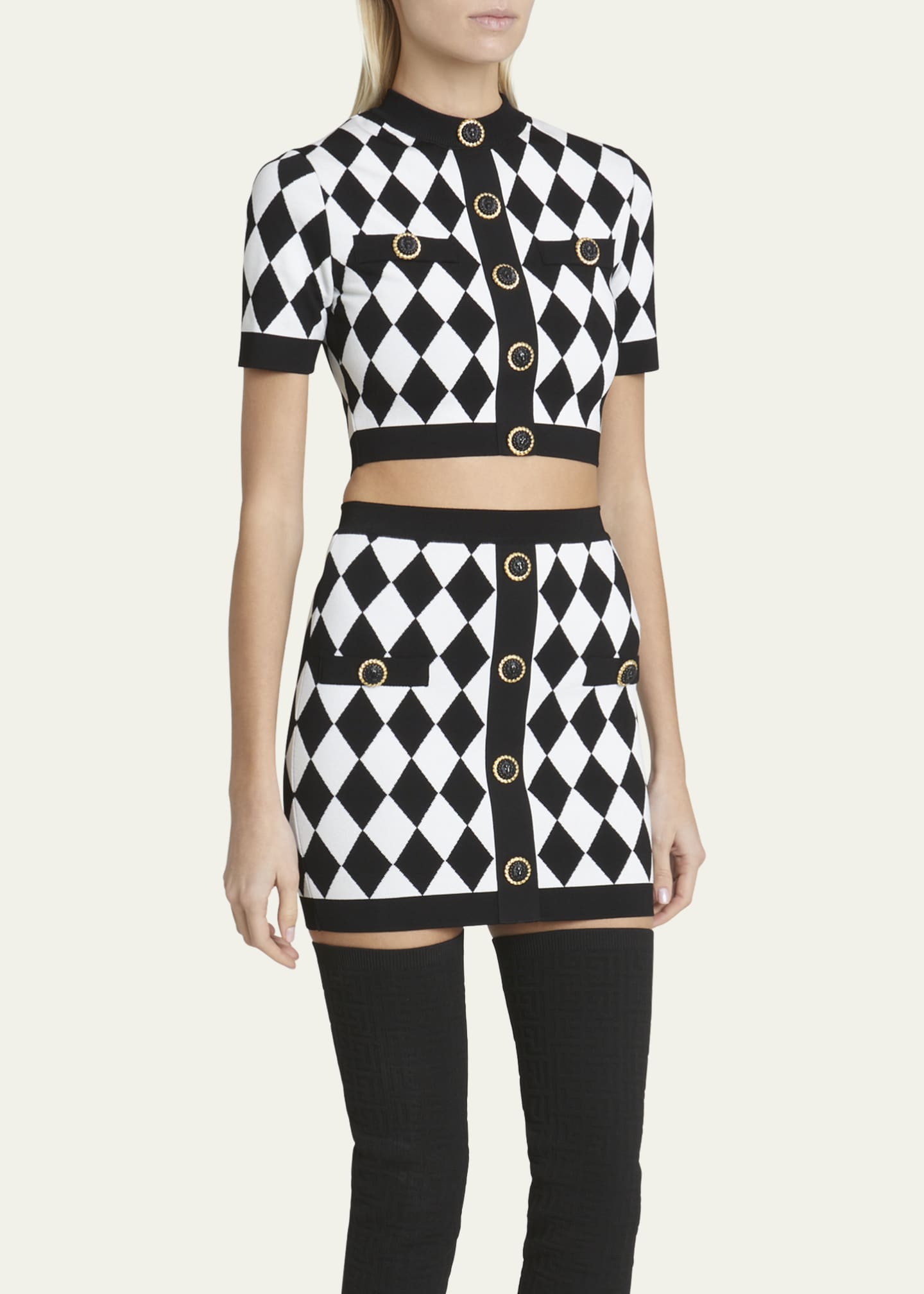 Balmain ShortSleeve Buttoned Diamond Knit Crop Top Bergdorf Goodman