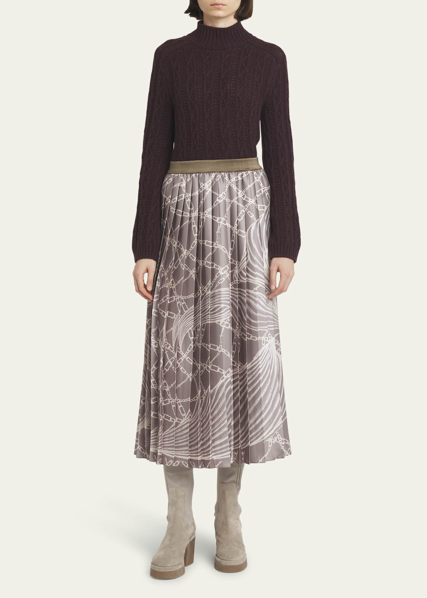 Agnona Feather Chain Print Pleated Midi Skirt Image 2 of 5