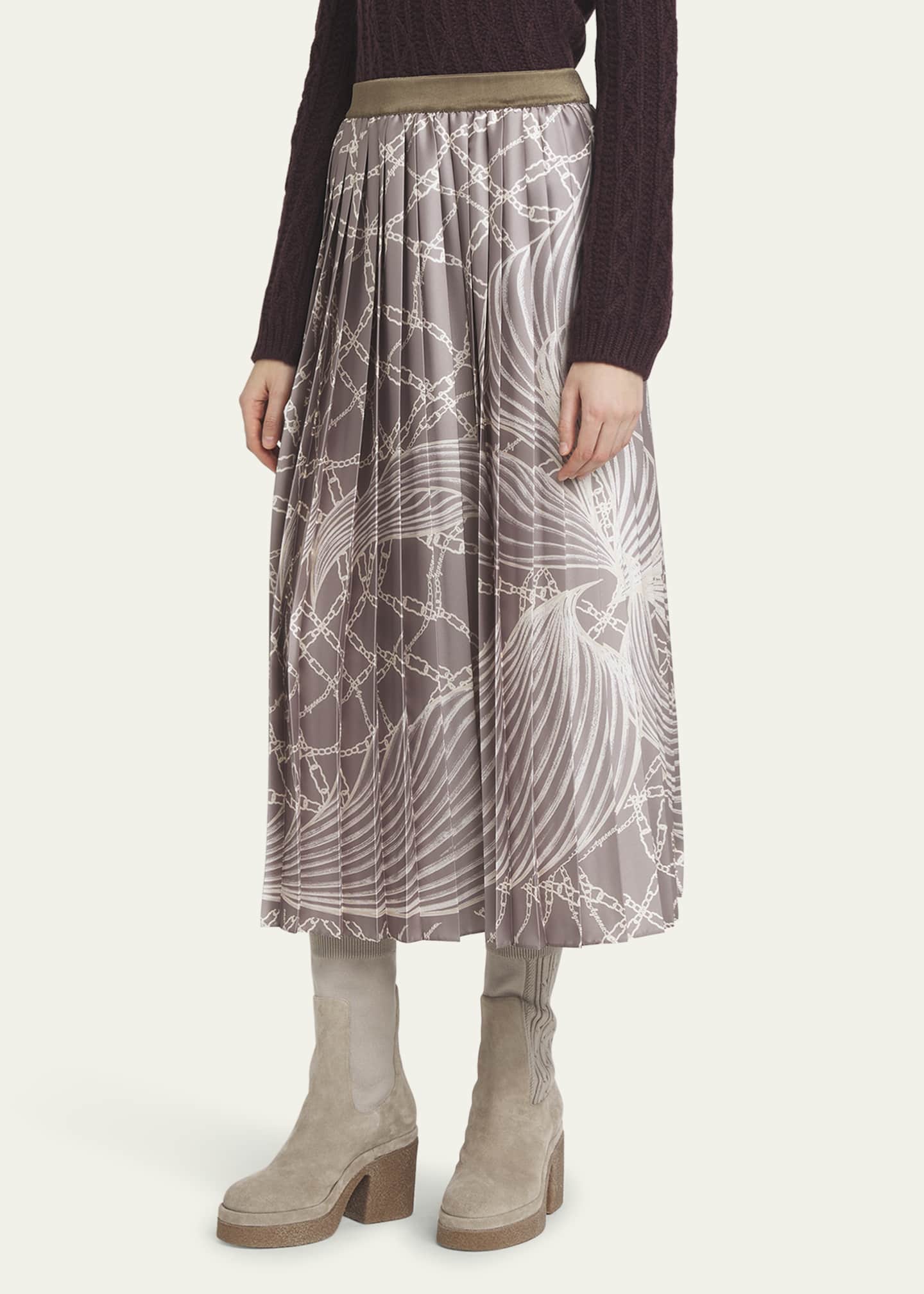 Agnona Feather Chain Print Pleated Midi Skirt Image 4 of 5