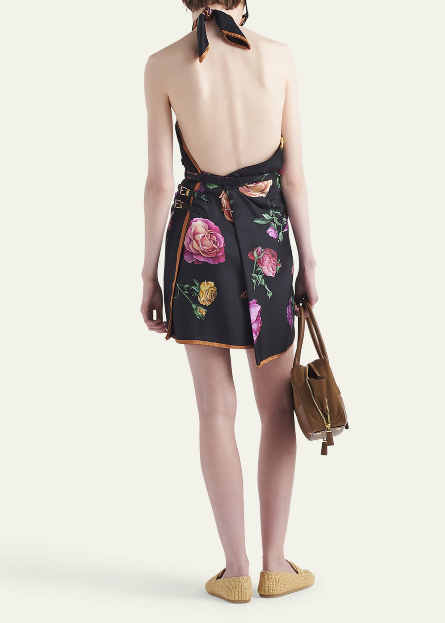 Prada Silk Twill Floral-Print Backless Halter Mini Dress Image 3 of 5