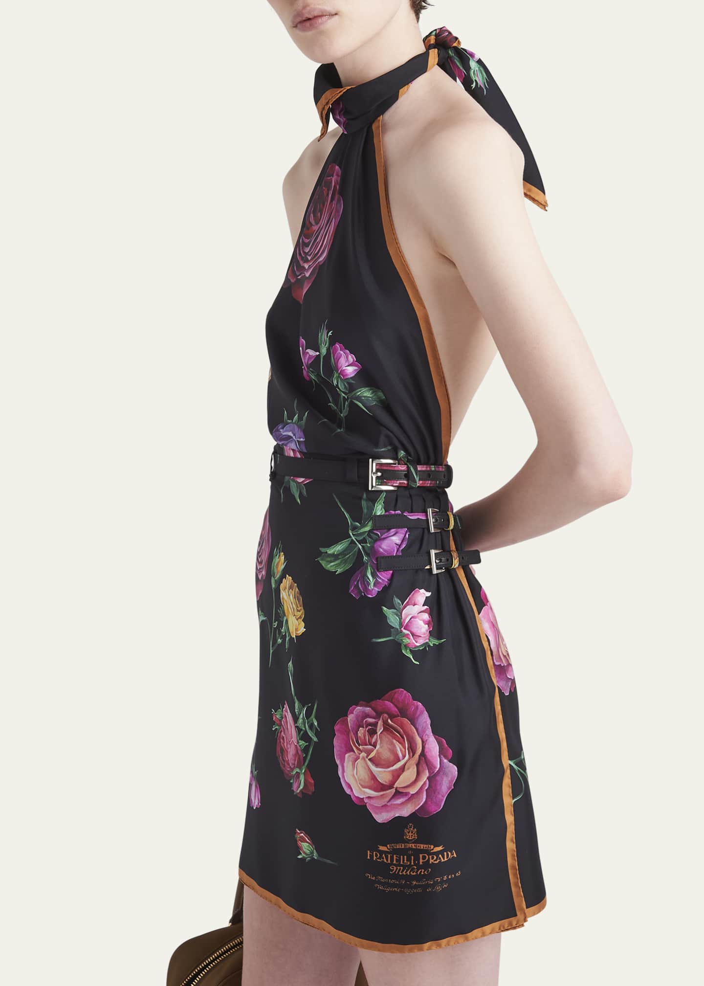 Prada Silk Twill Floral-Print Backless Halter Mini Dress Image 4 of 5