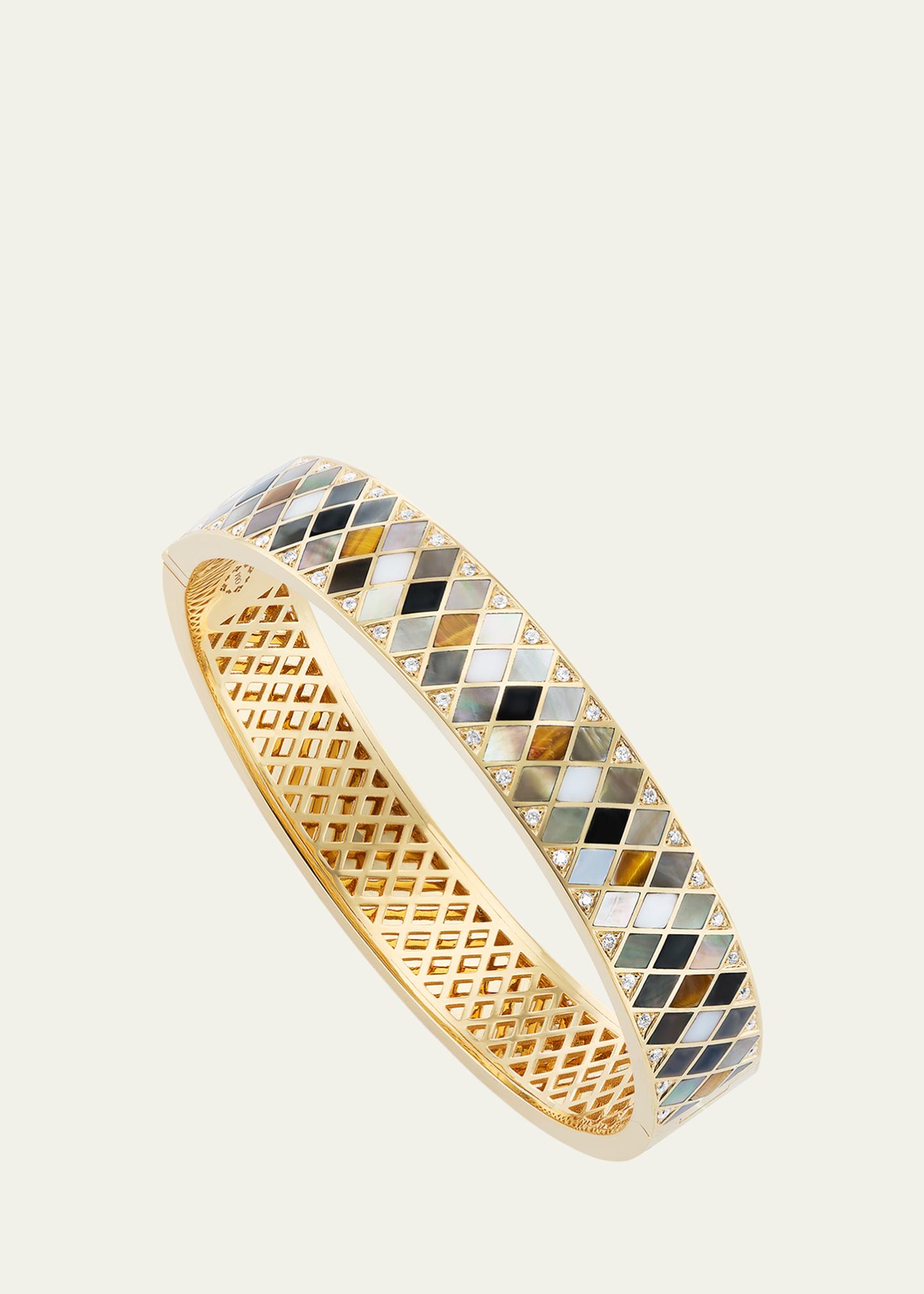 Orly Marcel 18K Yellow Temple Tile Inlay Bangle Bracelet with Diamonds ...