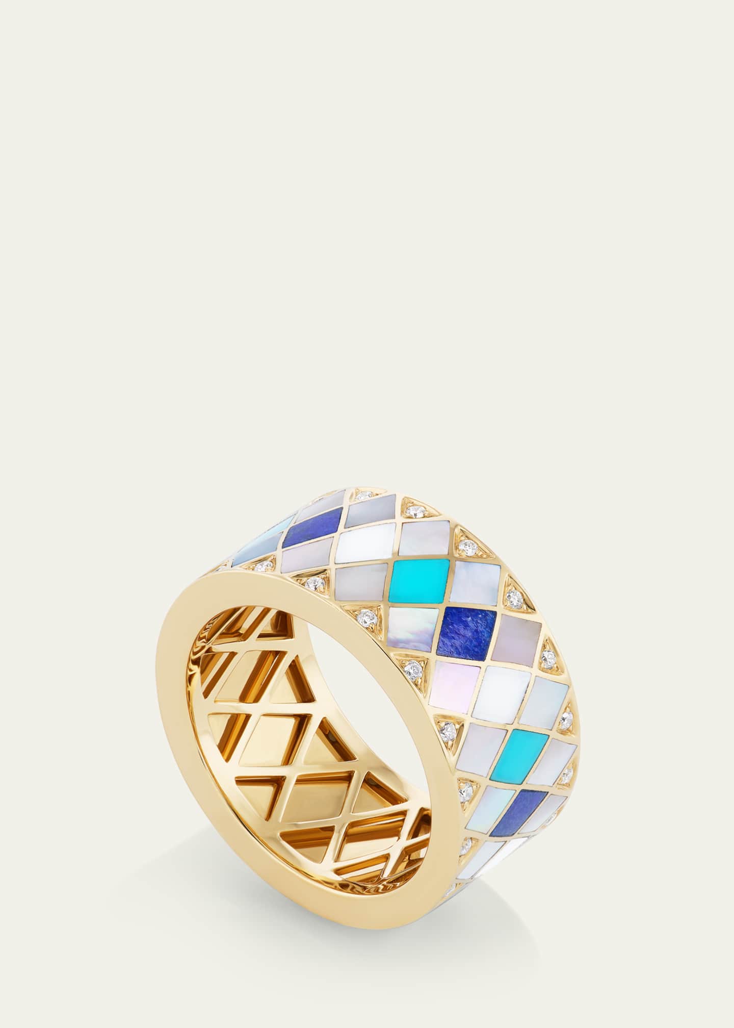 Orly Marcel 18K Yellow Gold Temple Tile Cigar Ring with Diamonds and Gemstones, Size 7 Image 2 of 2