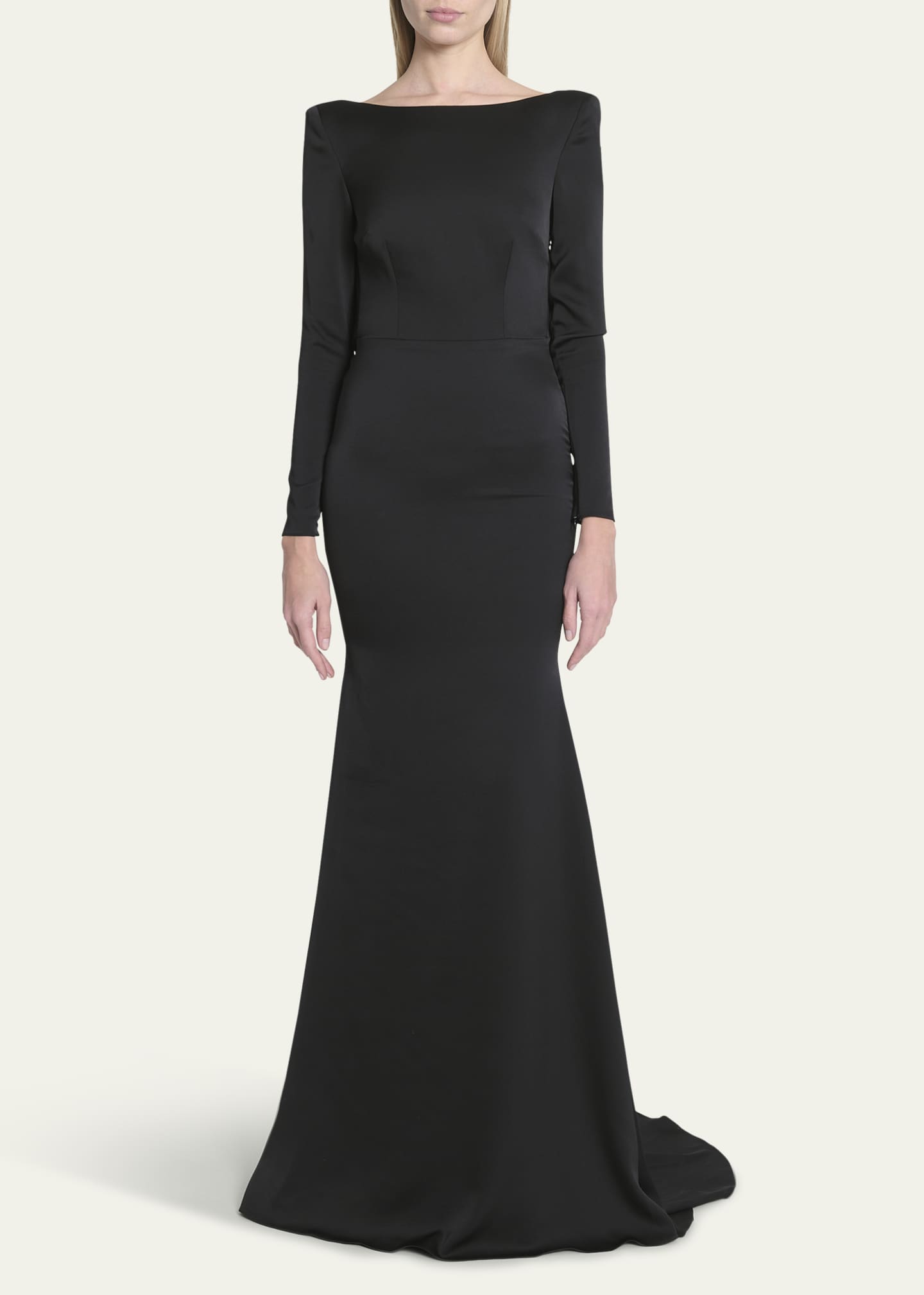 Alex Perry Draped Backless Long-Sleeve Trumpet Satin Gown Image 2 of 5