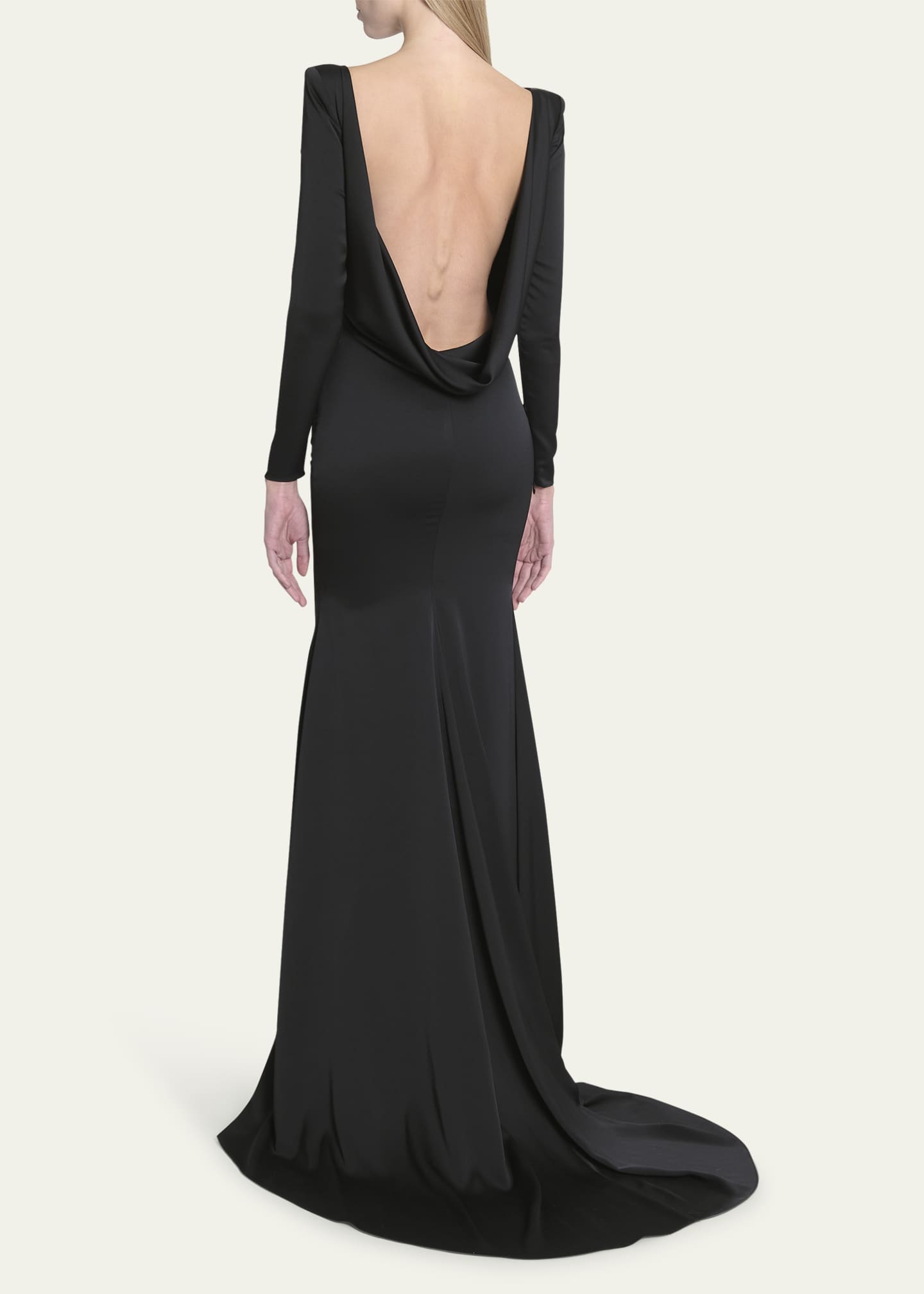 Alex Perry Draped Backless Long-Sleeve Trumpet Satin Gown Image 3 of 5